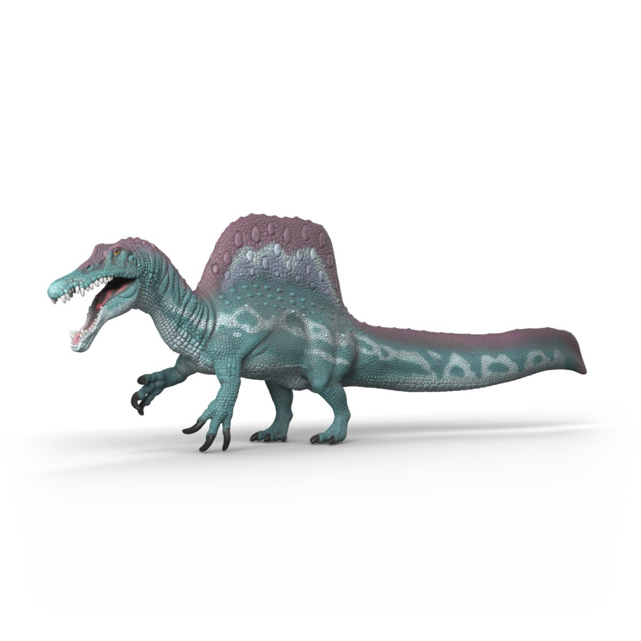 Ein blauer und violetter Spinosaurus mit einem Rückensegel steht im Profil.