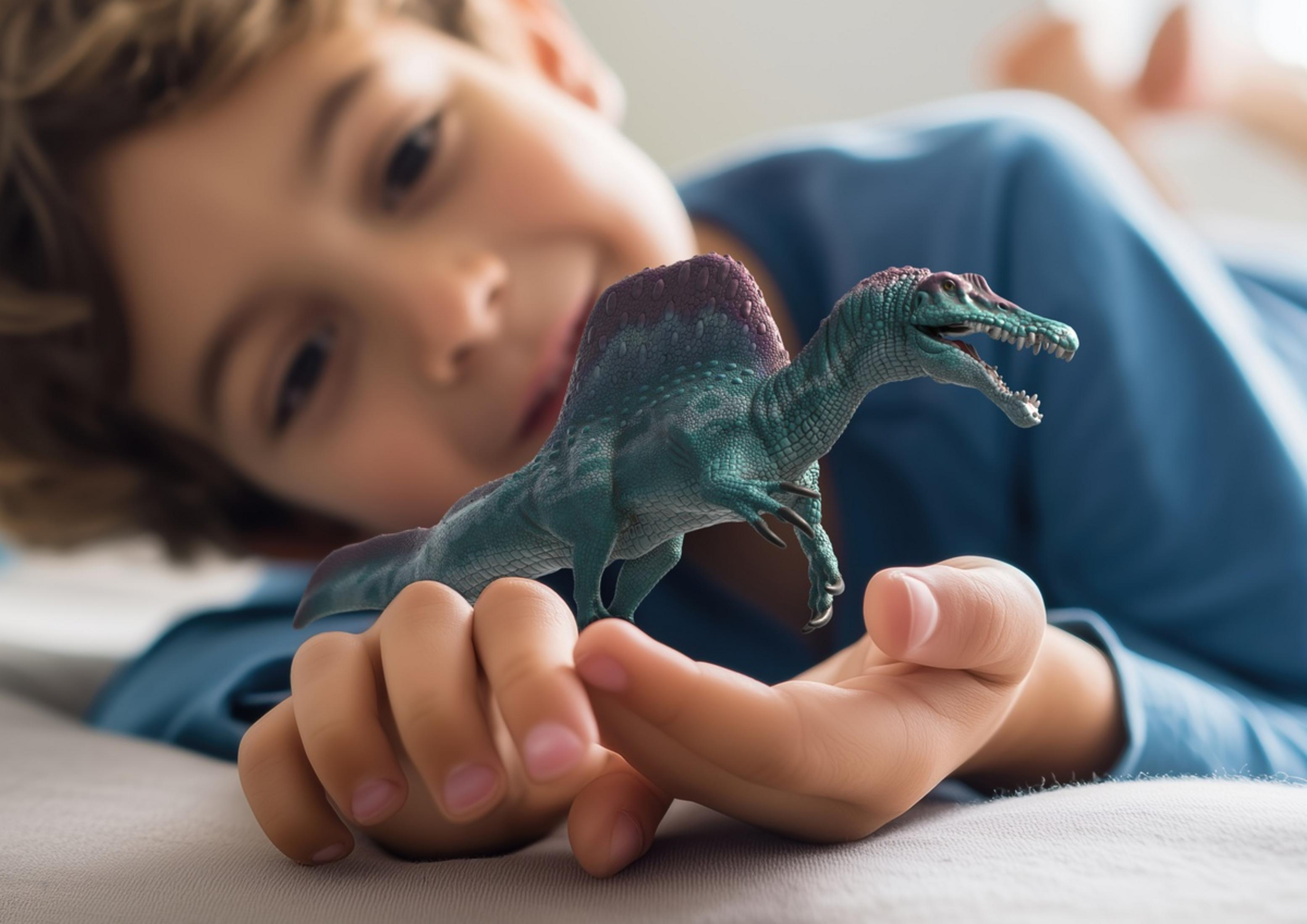 Ein Kind hält eine Spielzeug-Dinosaurierfigur in der Hand.