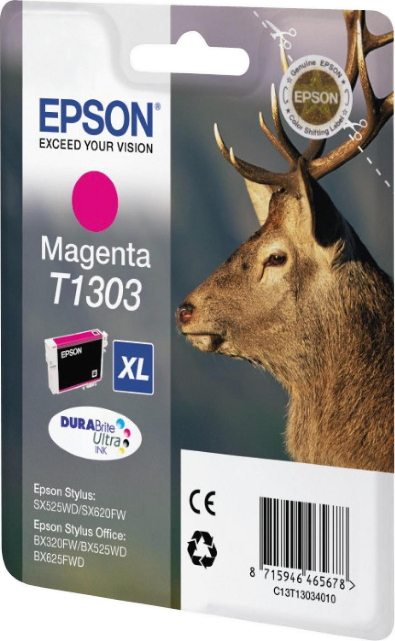 Epson Magenta T1303 Tintenpatrone mit Hirschmotiv und Barcode.
