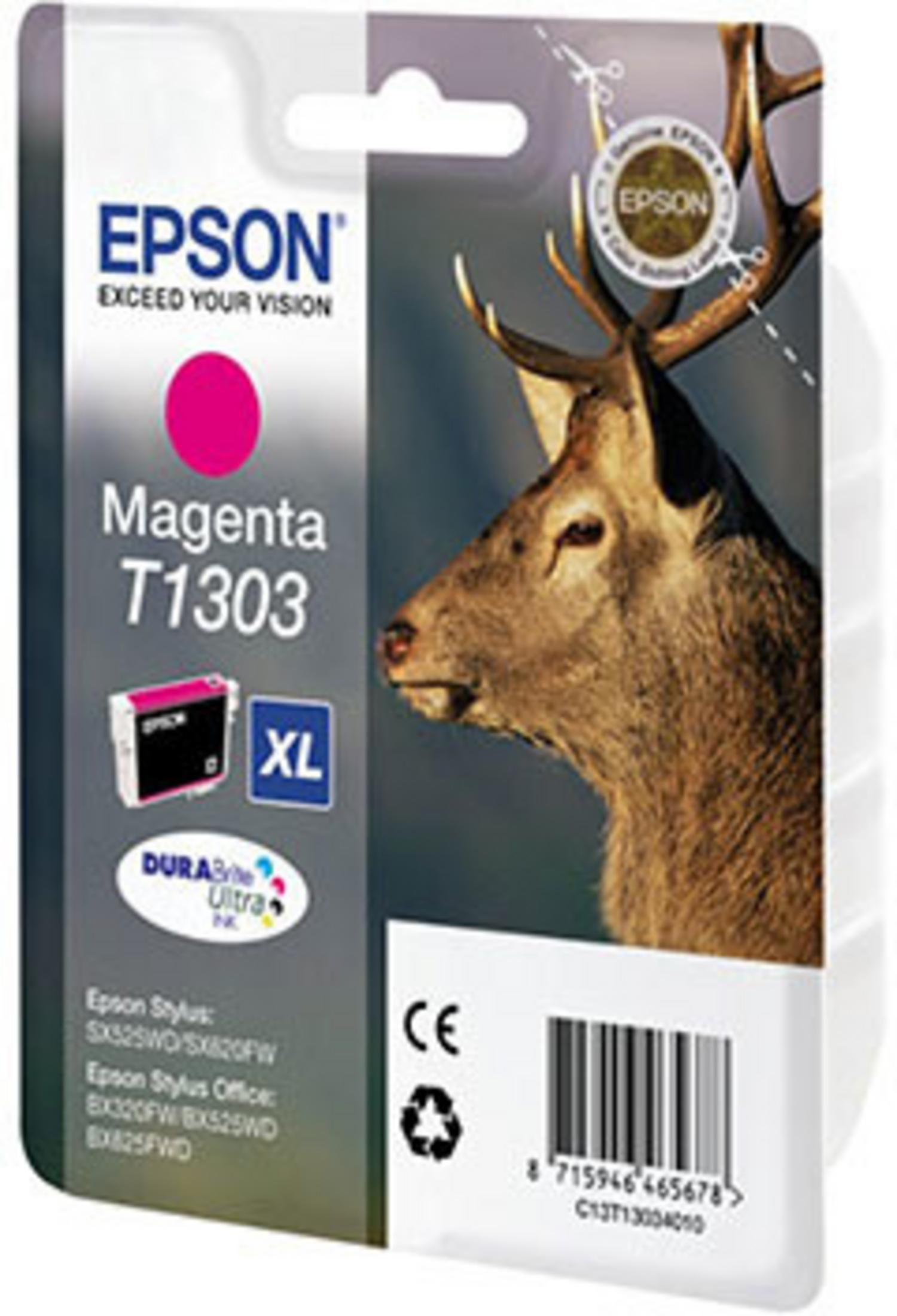 Epson Magenta T1303 XL Tintenpatrone mit Hirschmotiv auf der Verpackung.
