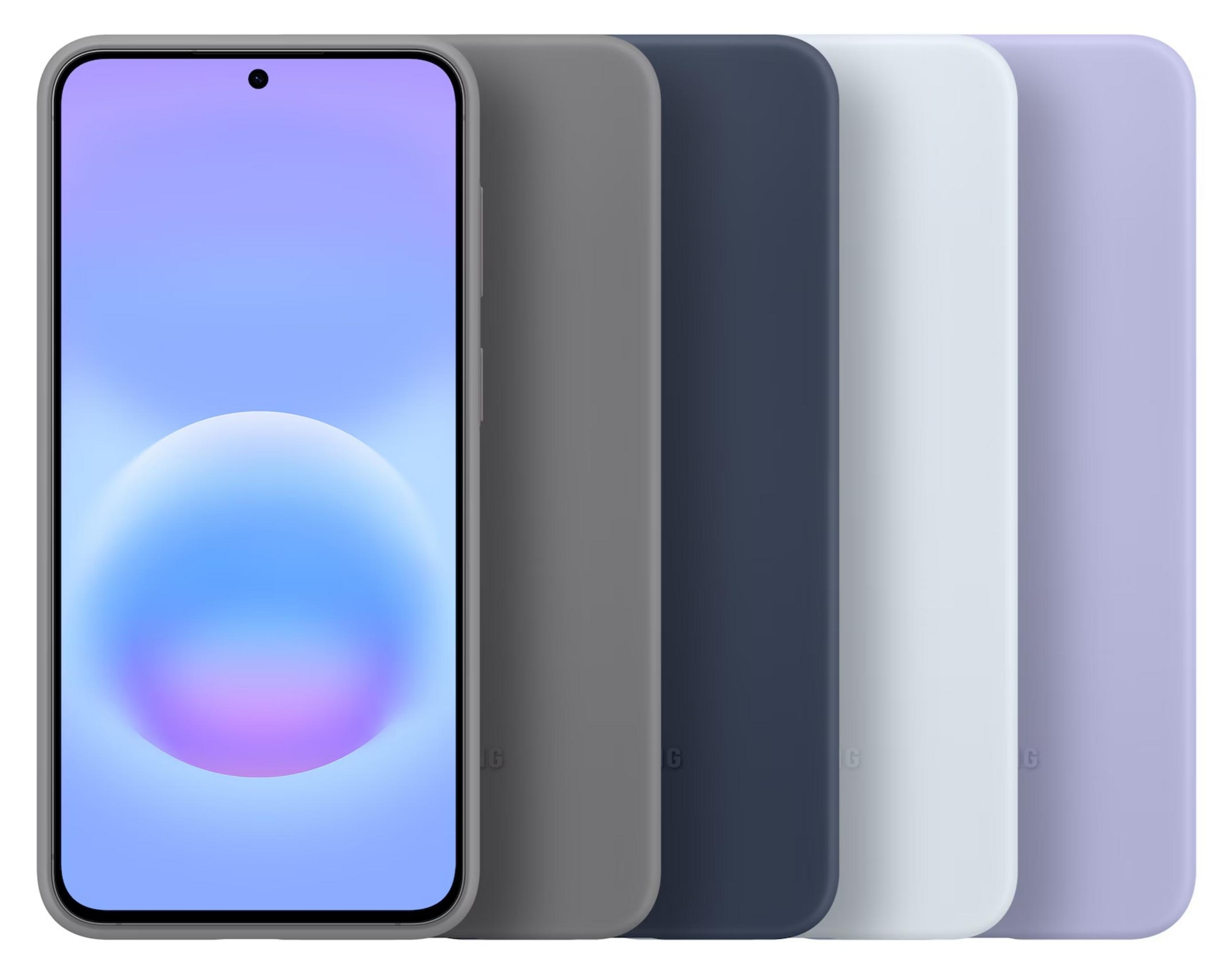 Uno smartphone con sfondo blu e cinque custodie accanto in grigio, blu scuro, azzurro, bianco e viola.