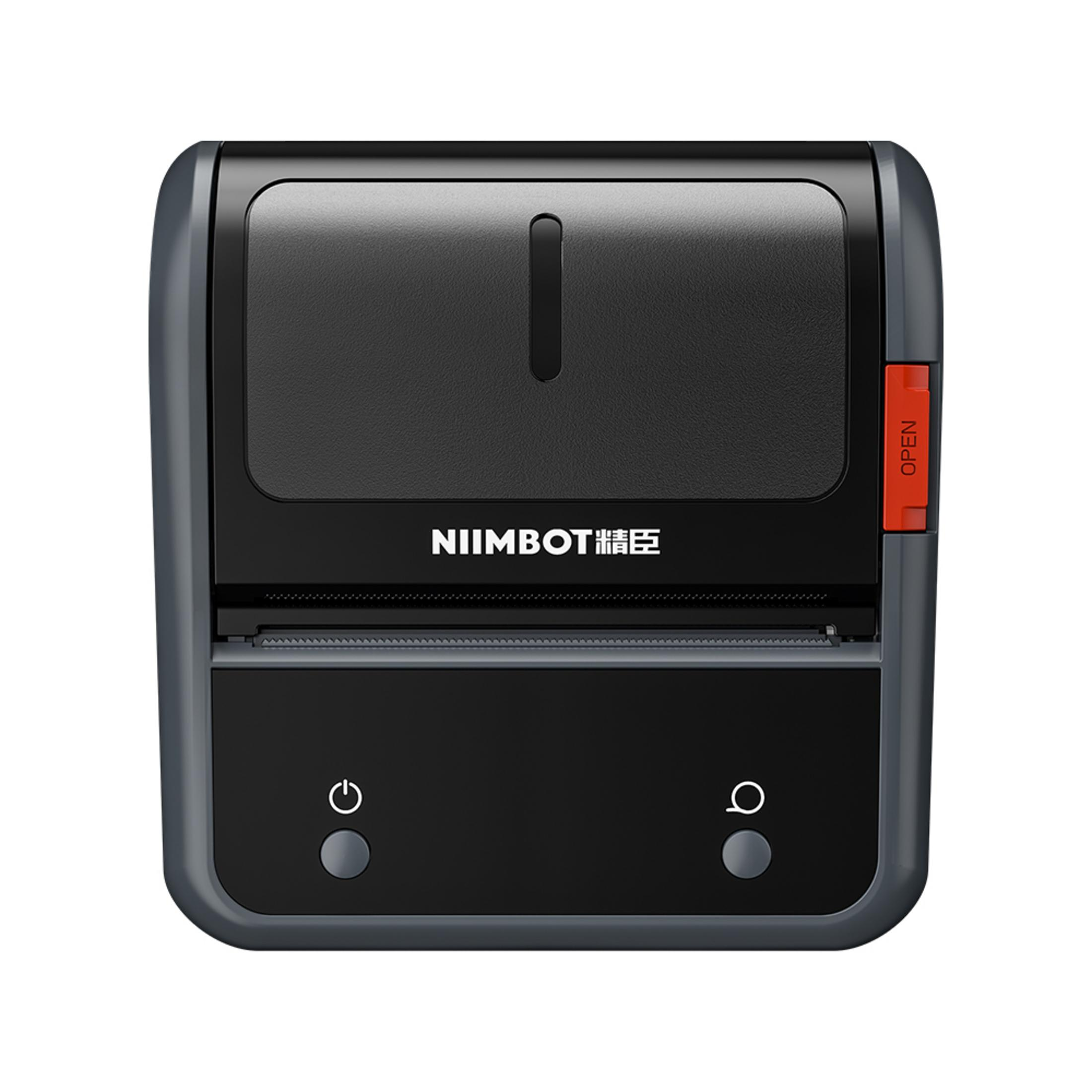 Una stampante NiiMbot nera con leva rossa "OPEN" e due pulsanti.