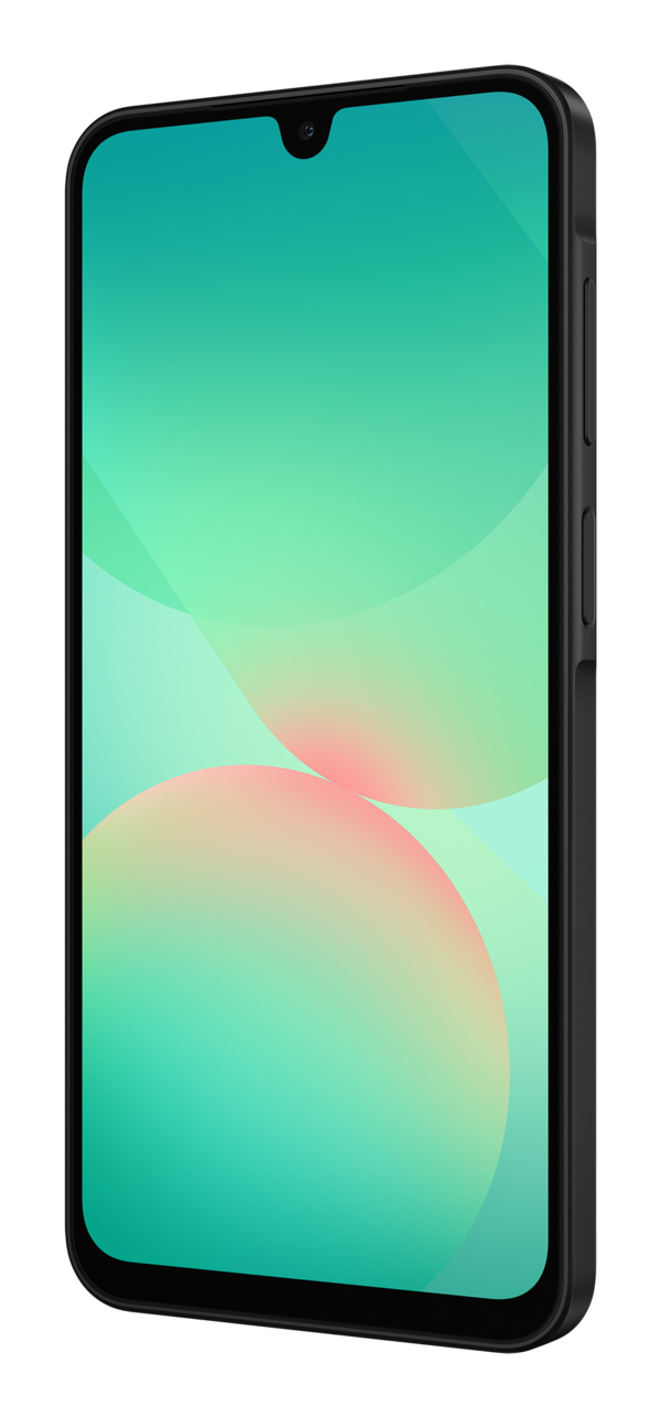 Uno smartphone nero con fotocamera a tacca e sfondo con gradiente verde-blu.