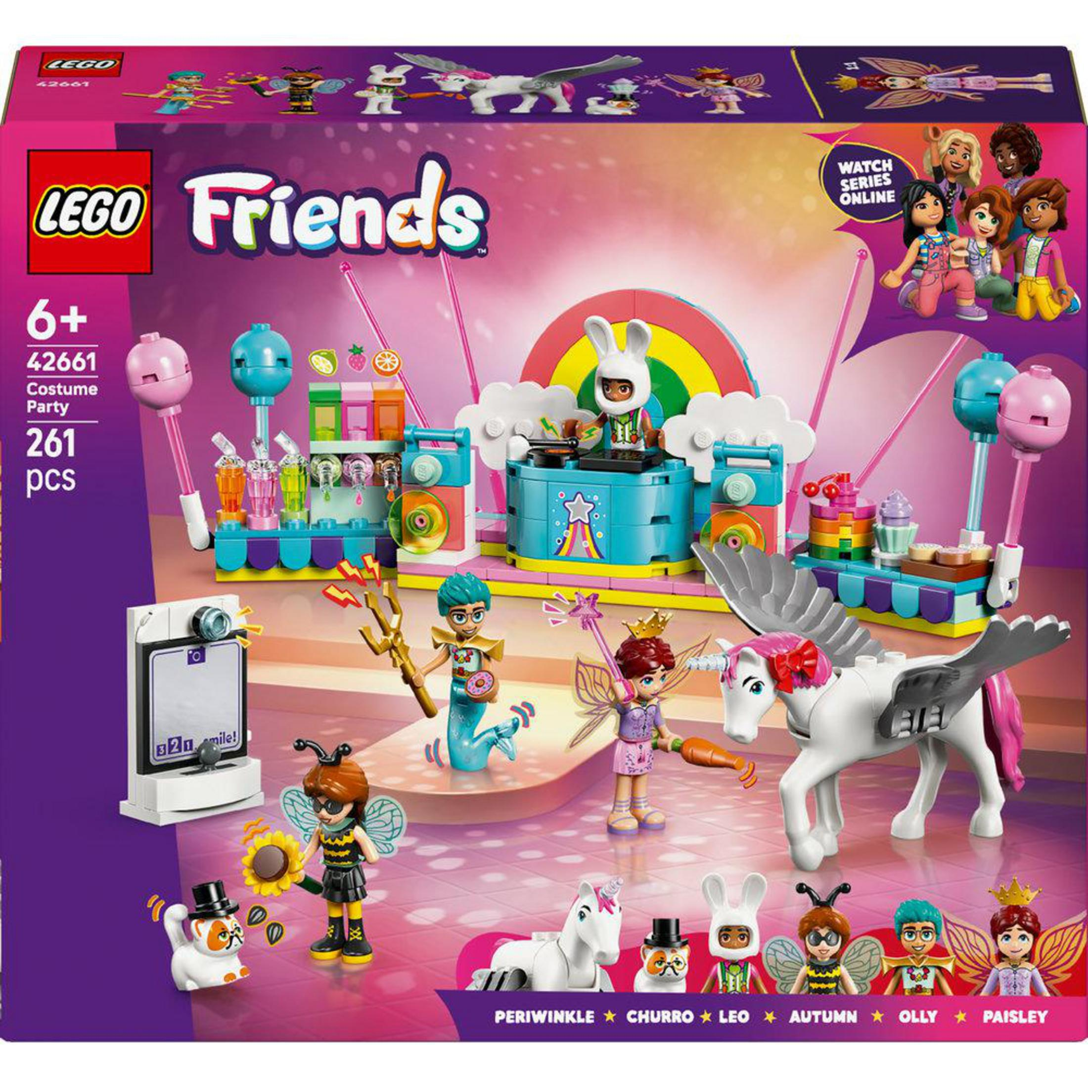 Set LEGO Friends Fiesta de Disfraces con figuras, un Pegaso y un escenario.