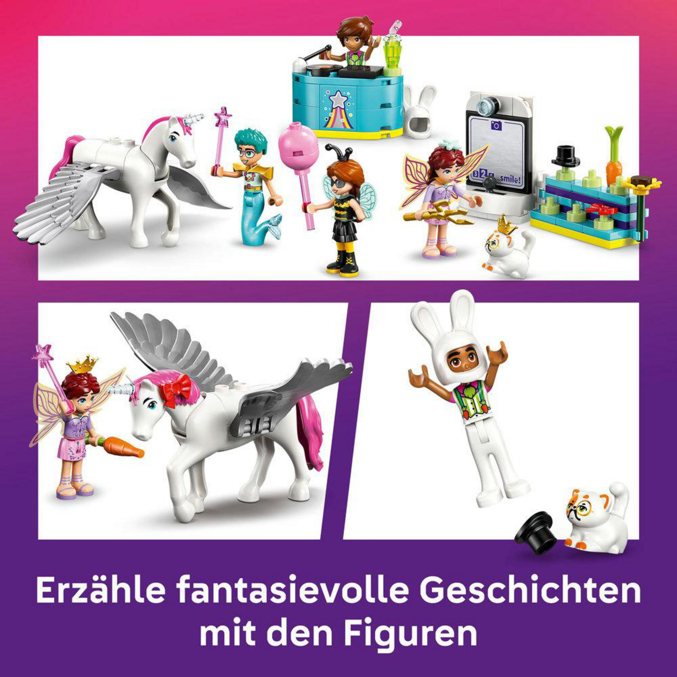Figuras LEGO: unicornio, sirena, hada, abeja, gato y más.