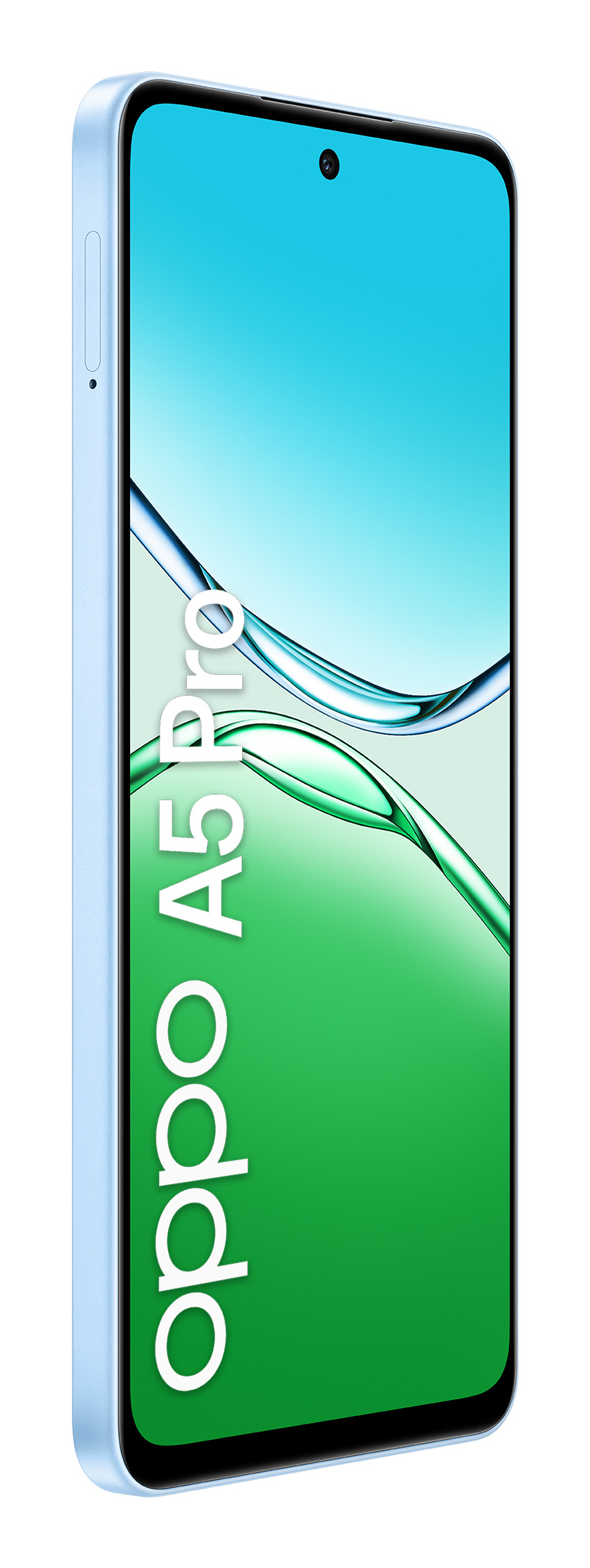 Uno smartphone azzurro con la scritta "oppo A5 Pro" sullo schermo.