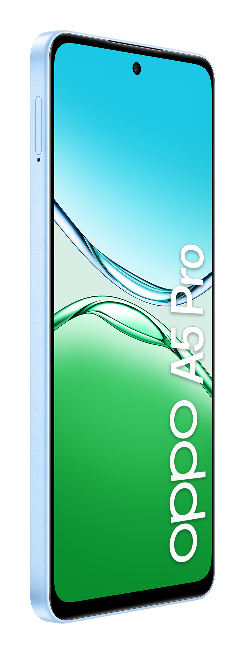 Uno smartphone azzurro che mostra il logo Oppo A5 Pro sul suo schermo.