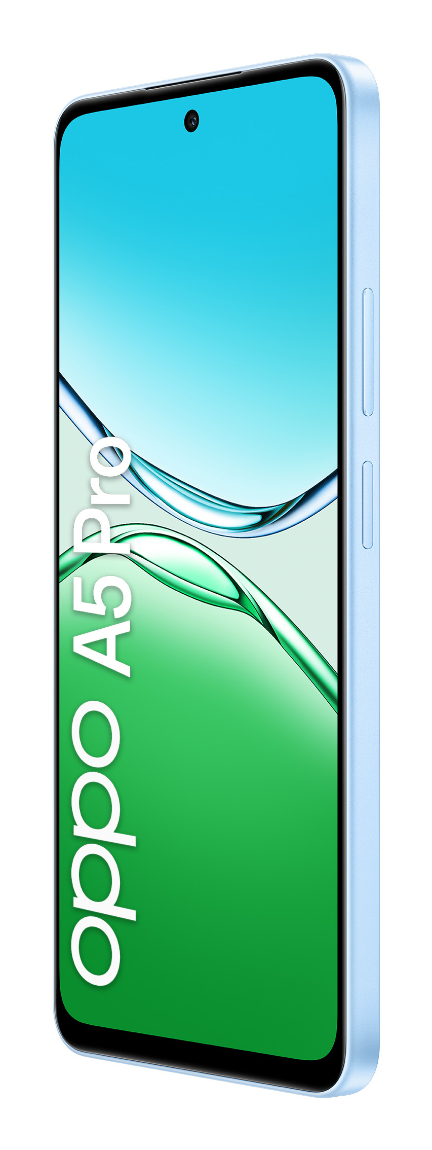 Uno smartphone Oppo A5 Pro azzurro con sfondo verde e blu.