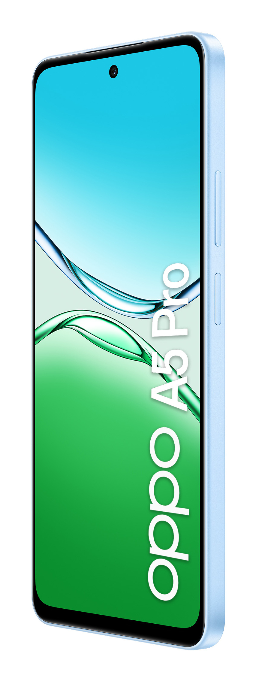 Uno smartphone OPPO A5 Pro azzurro su sfondo bianco.
