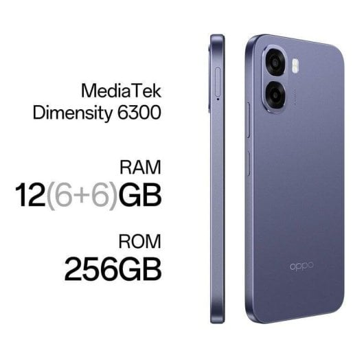 Lila Oppo-Handy mit MediaTek Dimensity 6300, 12 GB RAM, 256 GB ROM.