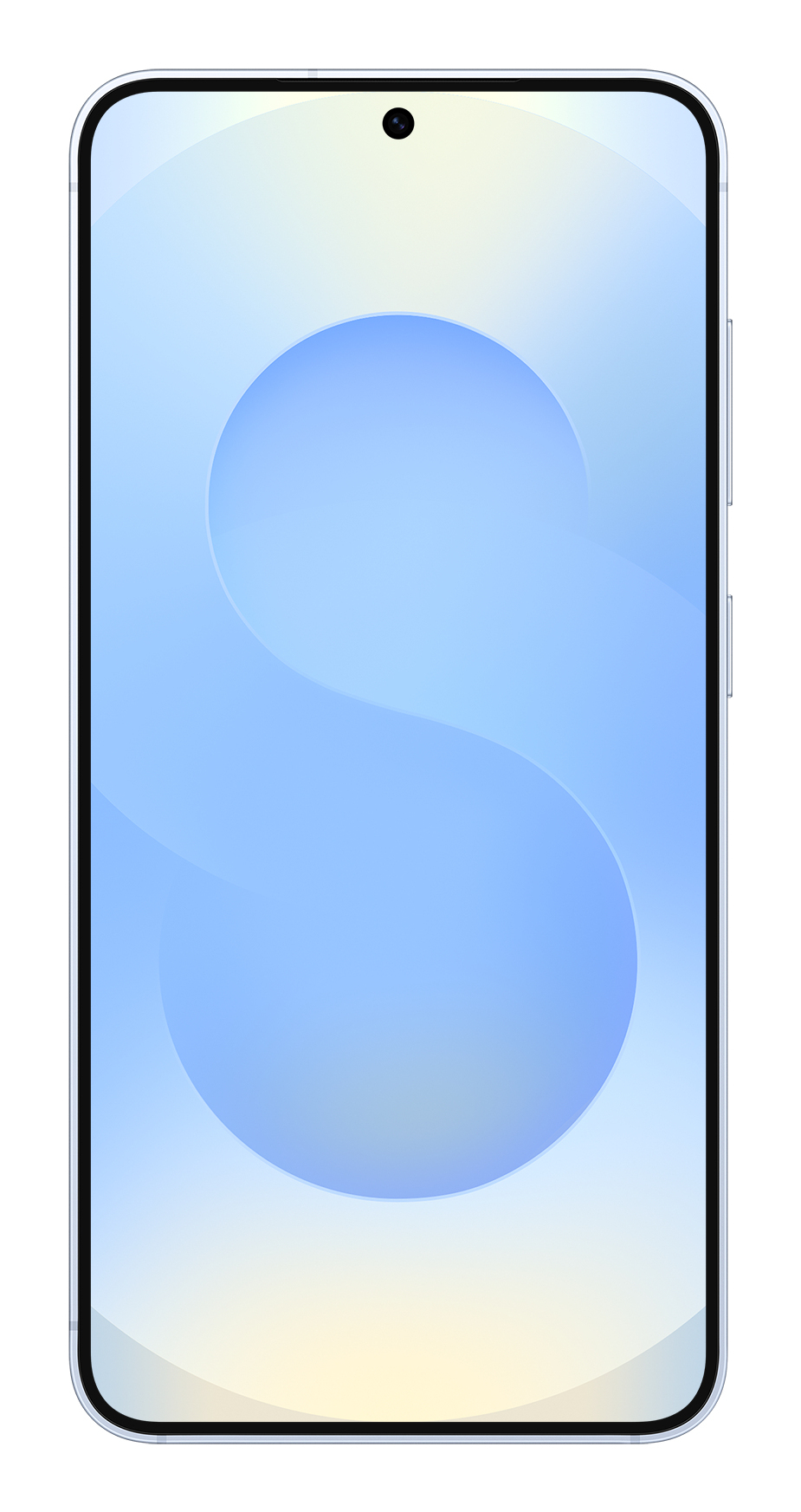 Uno smartphone con sfondo blu a forma di S e fotocamera frontale.
