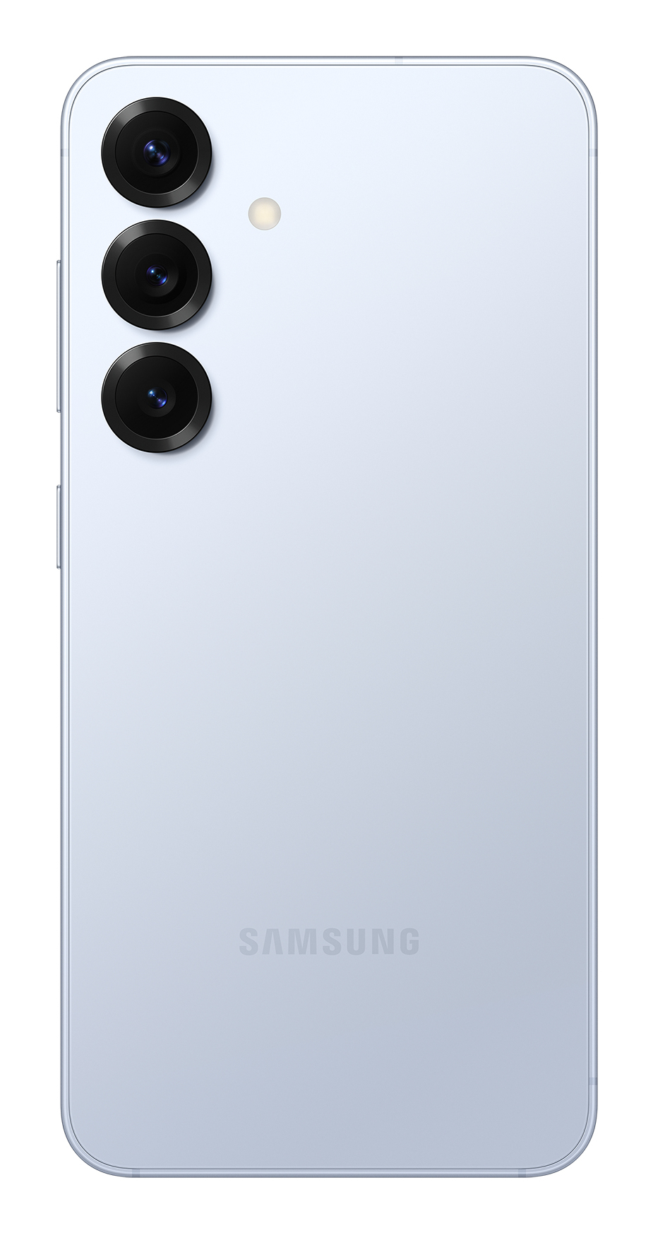 Retro di uno smartphone Samsung azzurro con tre fotocamere e flash.