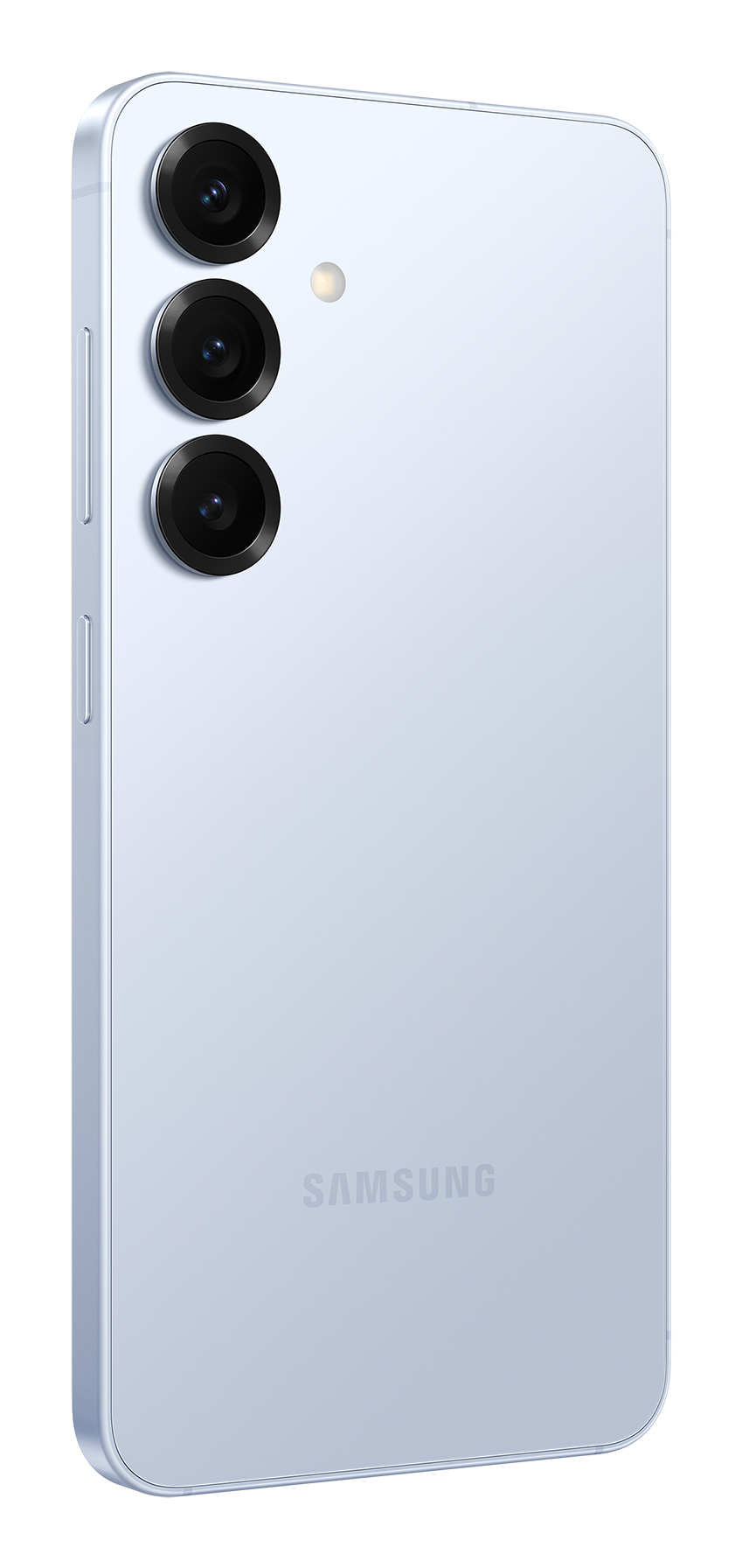 Uno smartphone Samsung azzurro con tre obiettivi e flash.