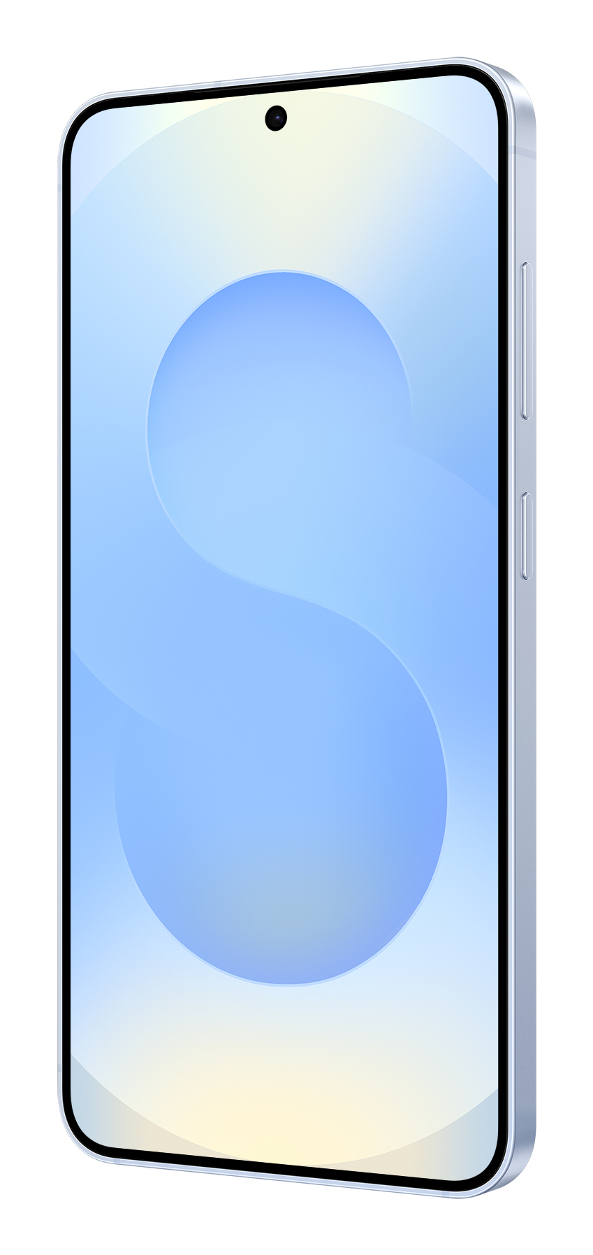 Uno smartphone argentato con sfondo blu e grafica circolare.