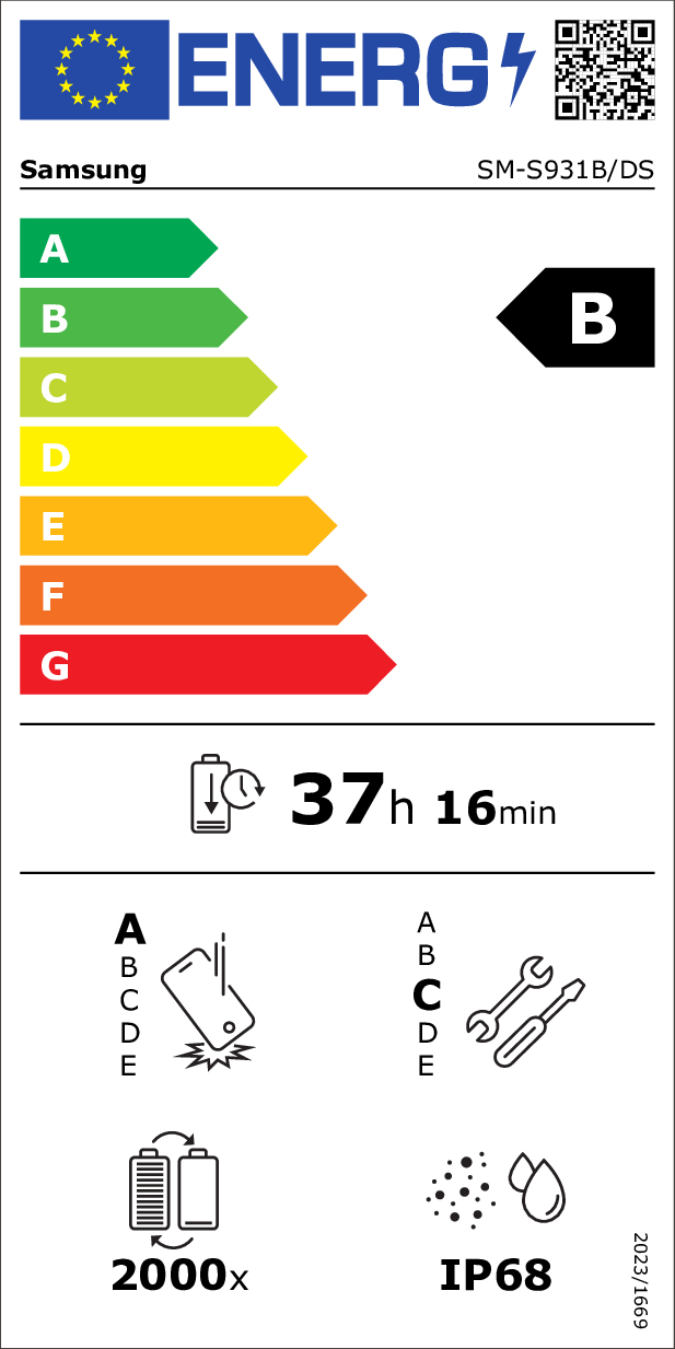 Etichetta energetica Samsung, classe B, autonomia 37h 16min, IP68.