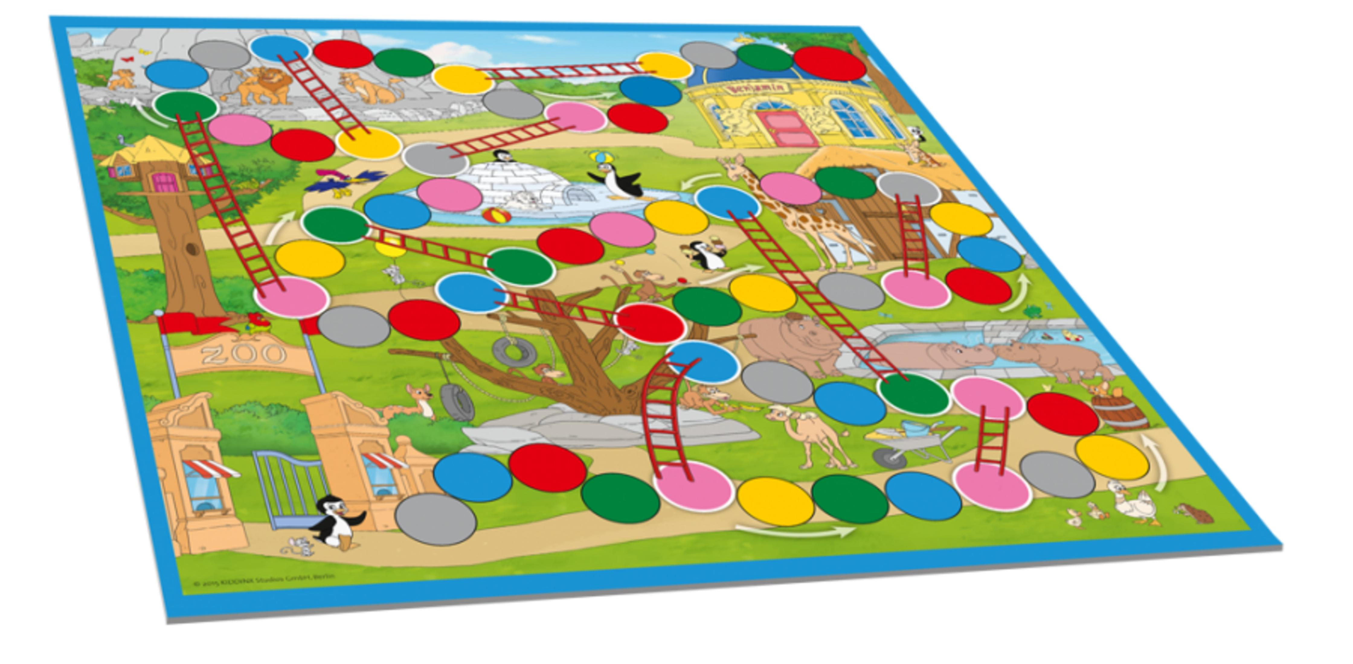 Brettspiel mit Tieren, Leitern und bunten Feldern im Zoo.