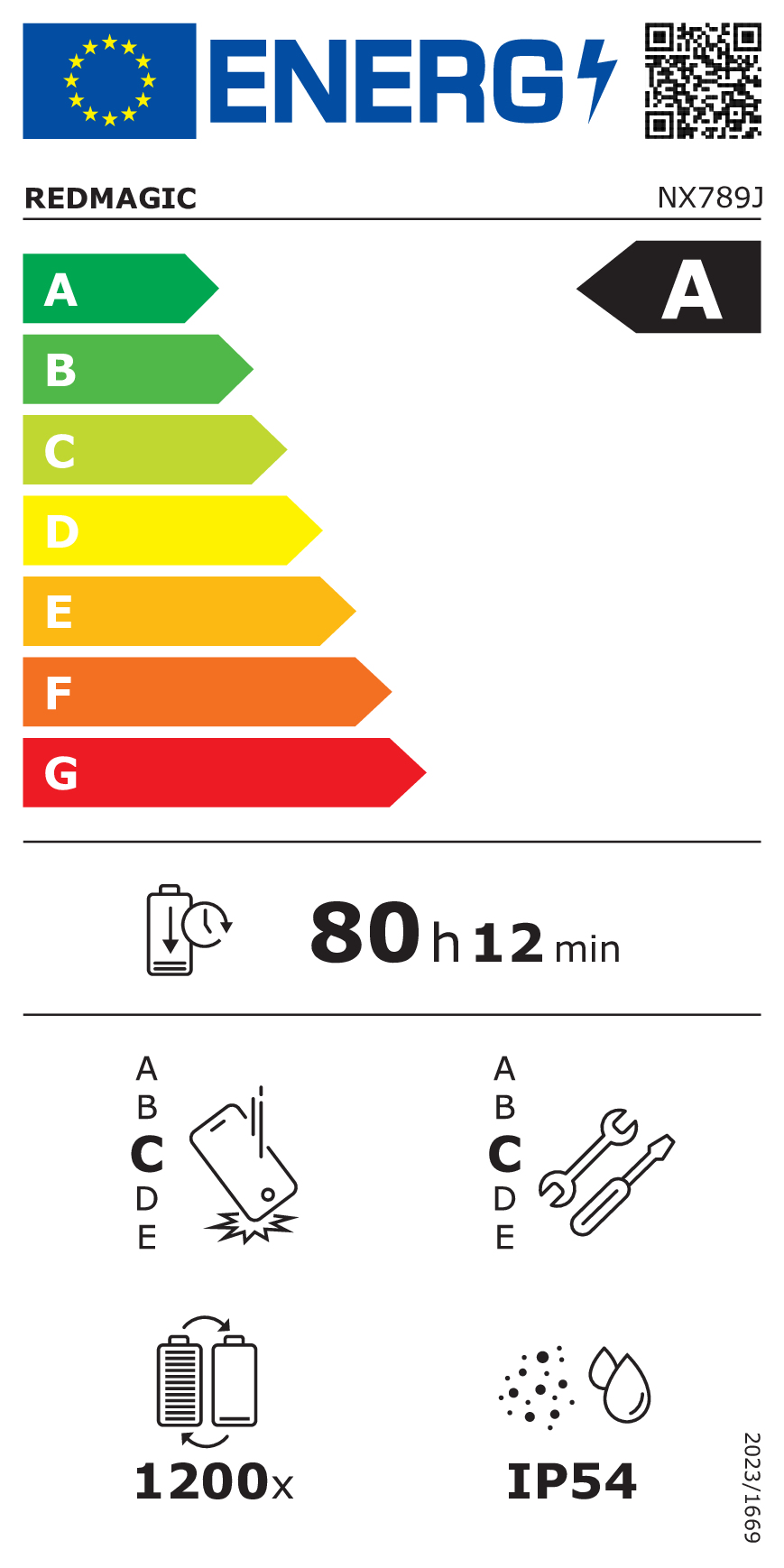 Etichetta energetica A, 80h batteria, 1200x cicli di ricarica, IP54.