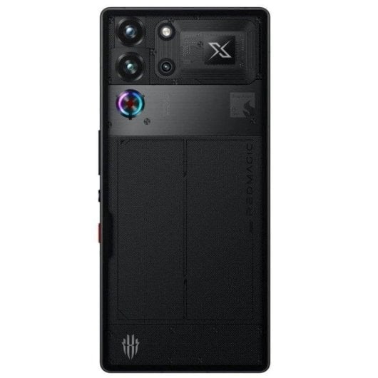Retro di uno smartphone nero con tre fotocamere e un logo a X.
