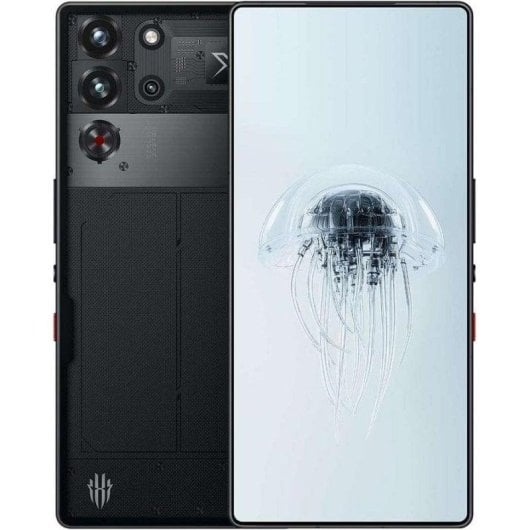 Smartphone nero con tre fotocamere, schermo laterale con una medusa trasparente.