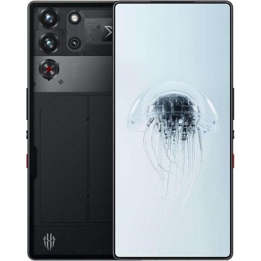 Smartphone nero con sfondo medusa e fotocamere posteriori.