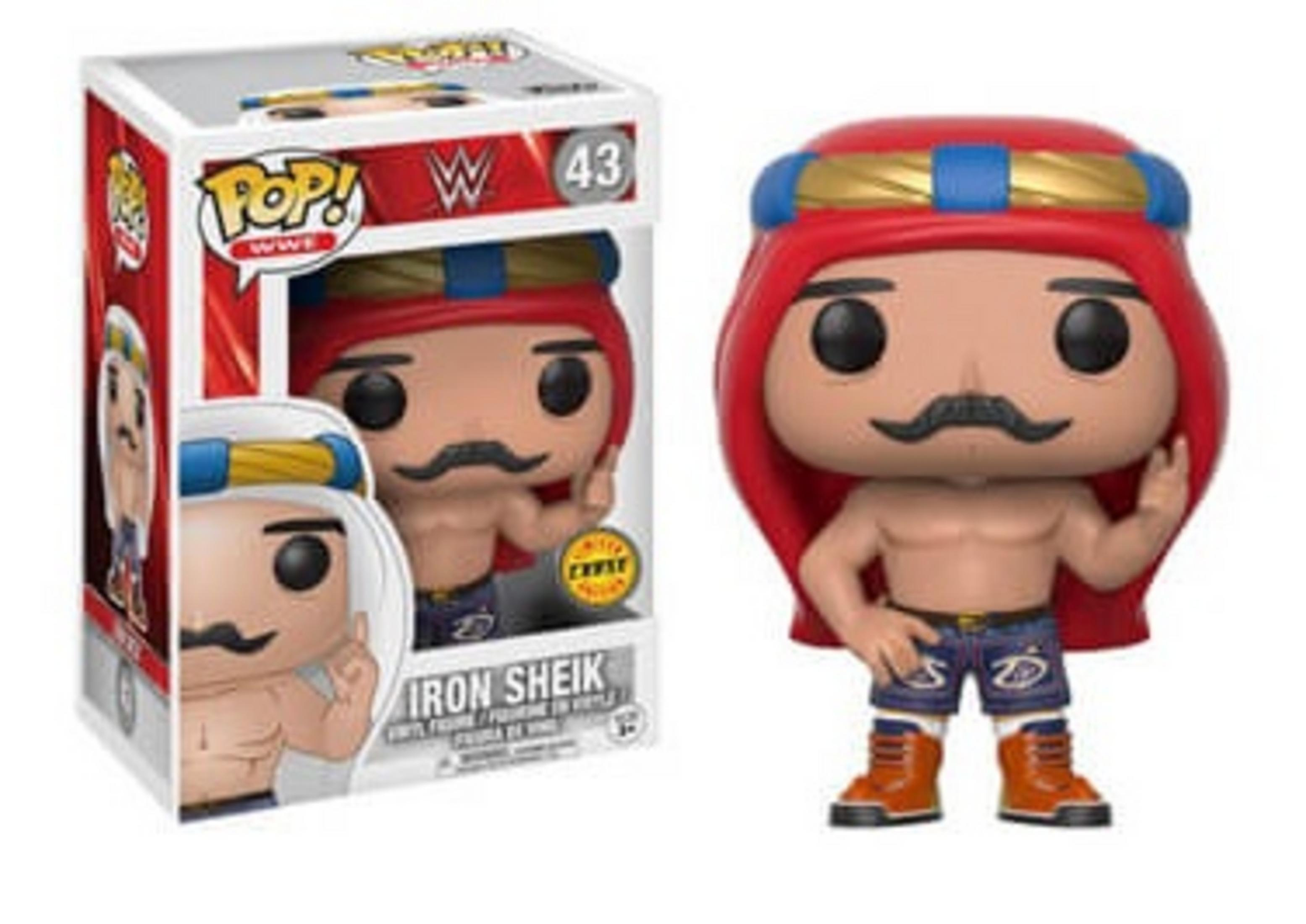 Funko Pop! Vinyl Figur von The Iron Sheik mit rotem Kopftuch und blauen Shorts.