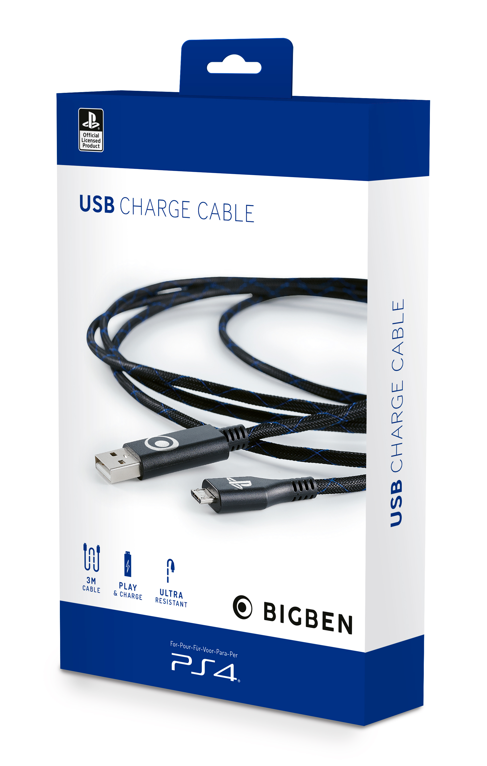 Verpackung für ein USB-Ladekabel mit PS4-Logo und Bigben-Marke.