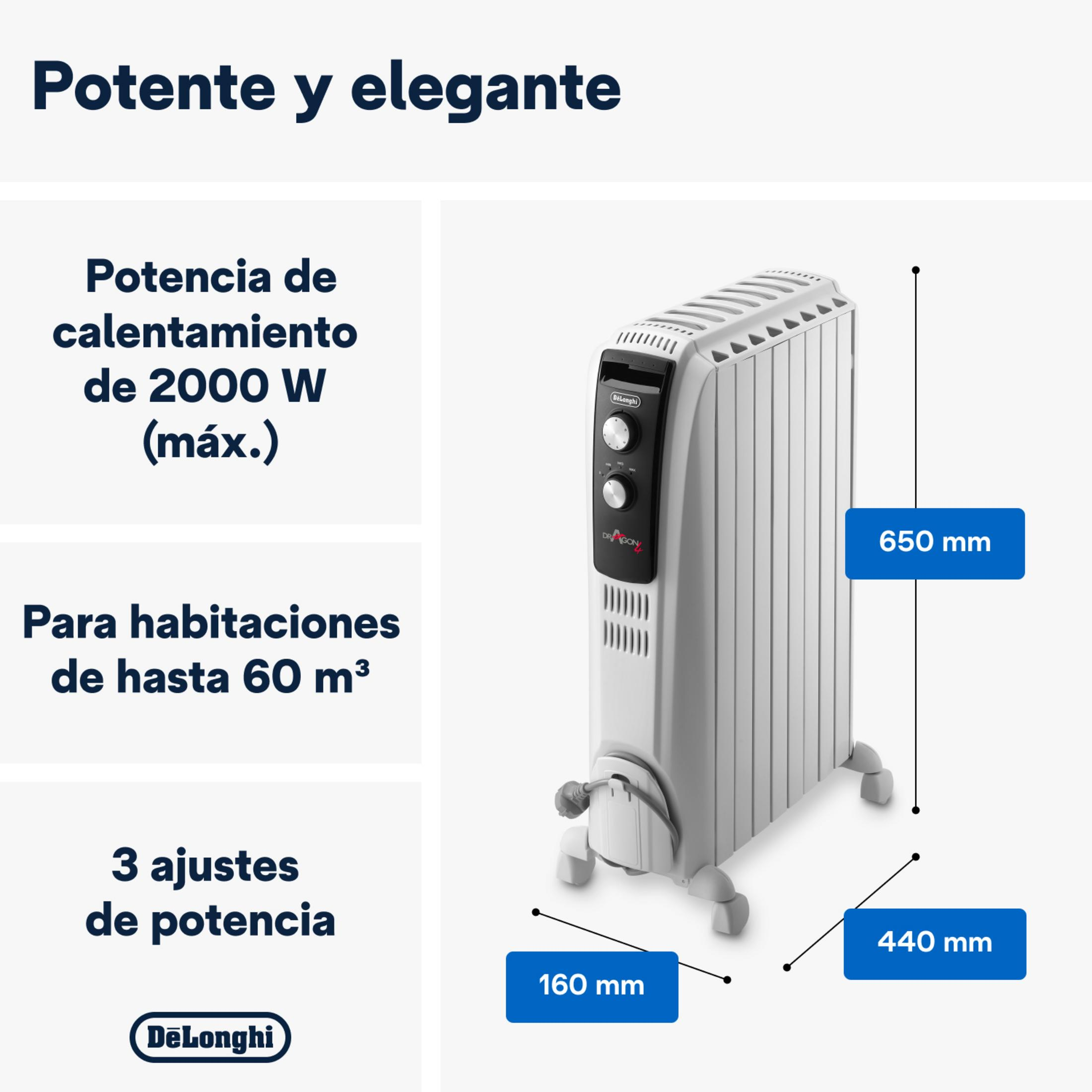 Un radiatore a olio bianco DeLonghi di 650 mm x 440 mm x 160 mm.