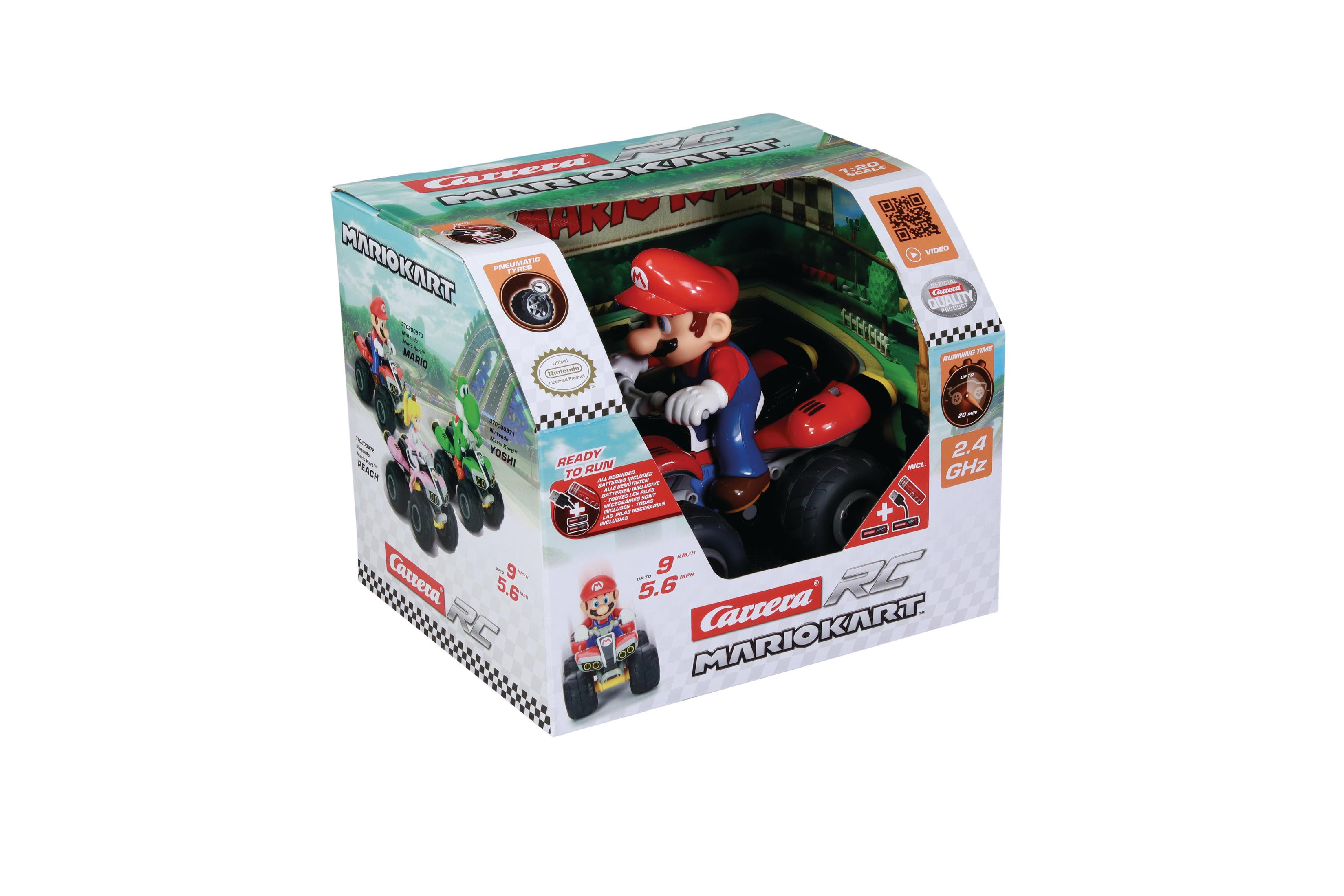 Embalaje de juguete RC Mario Kart con Mario en un kart rojo en el frente.