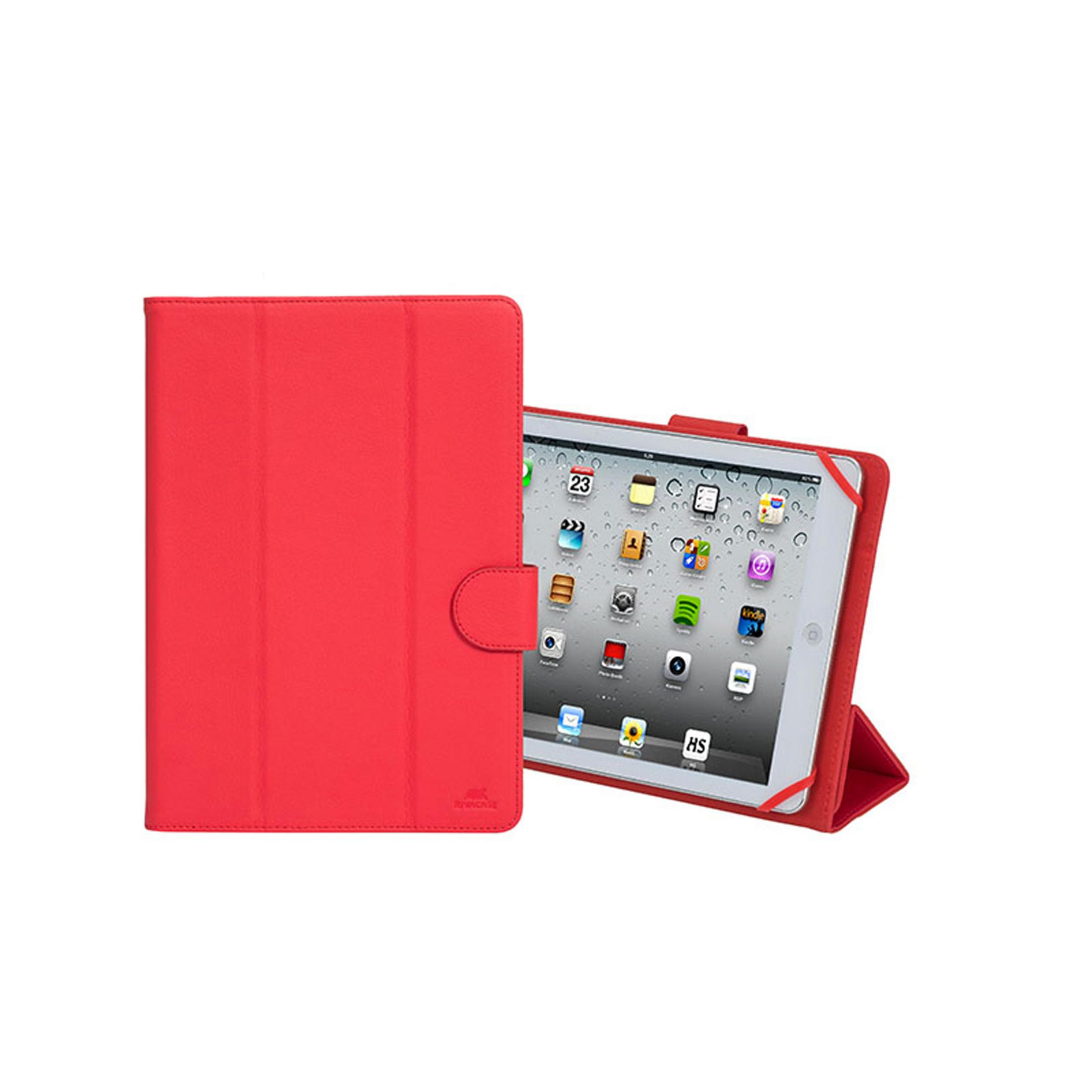 Custodia rossa per tablet con tablet aperto che mostra app.