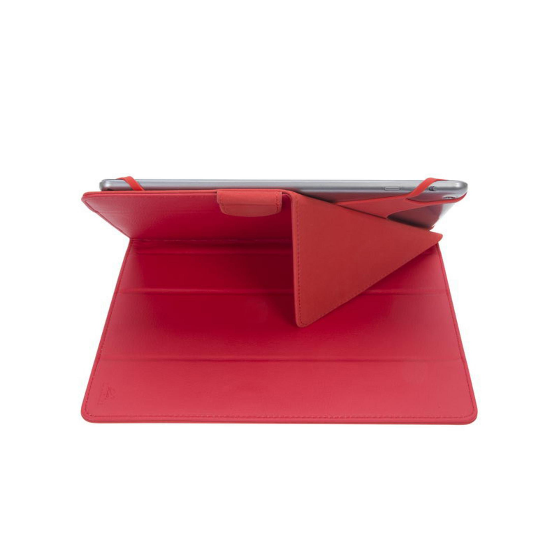 Una custodia rossa per tablet con supporto, mostrata su sfondo bianco.