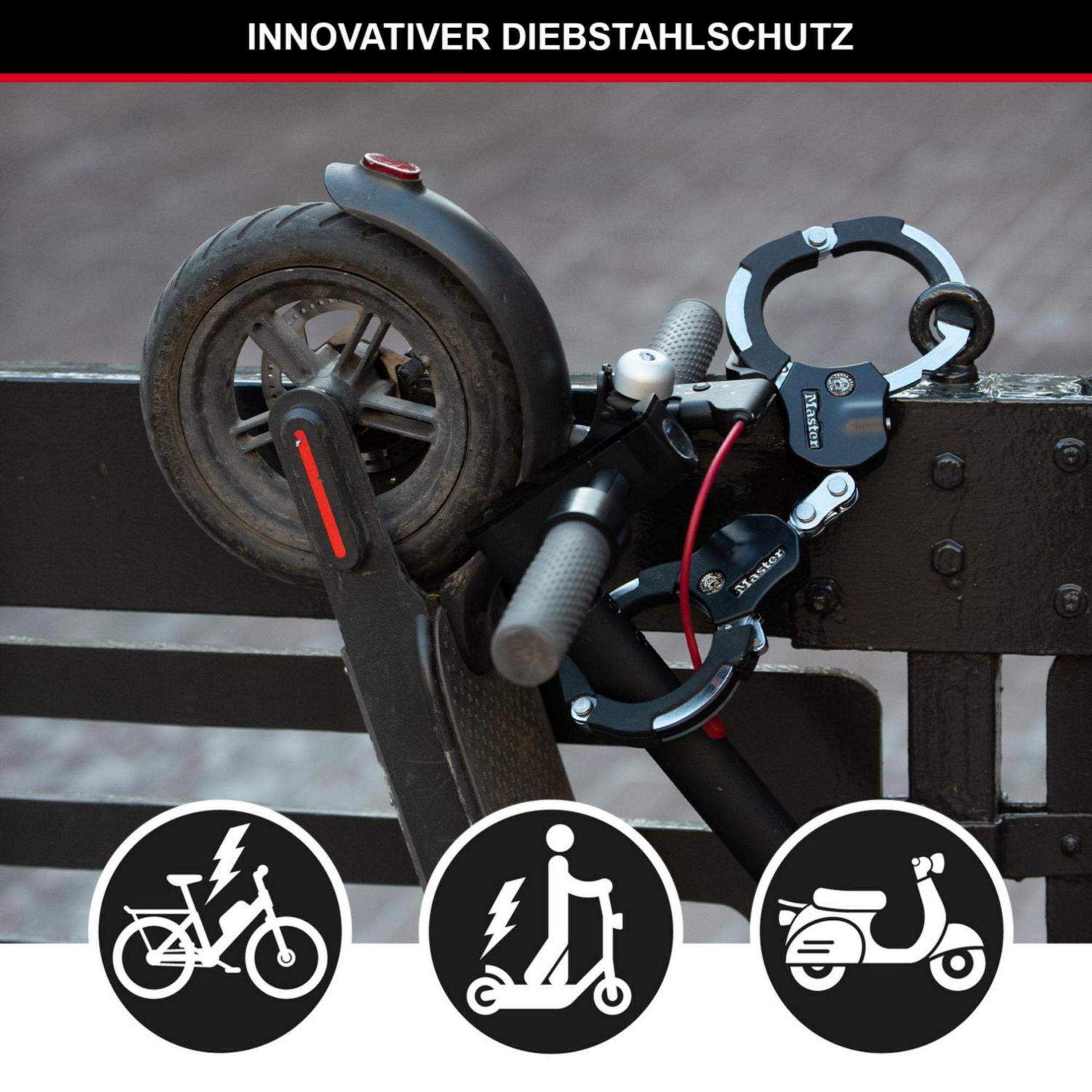 Un monopattino elettrico assicurato con lucchetto. Icone di bici, e-scooter e scooter.
