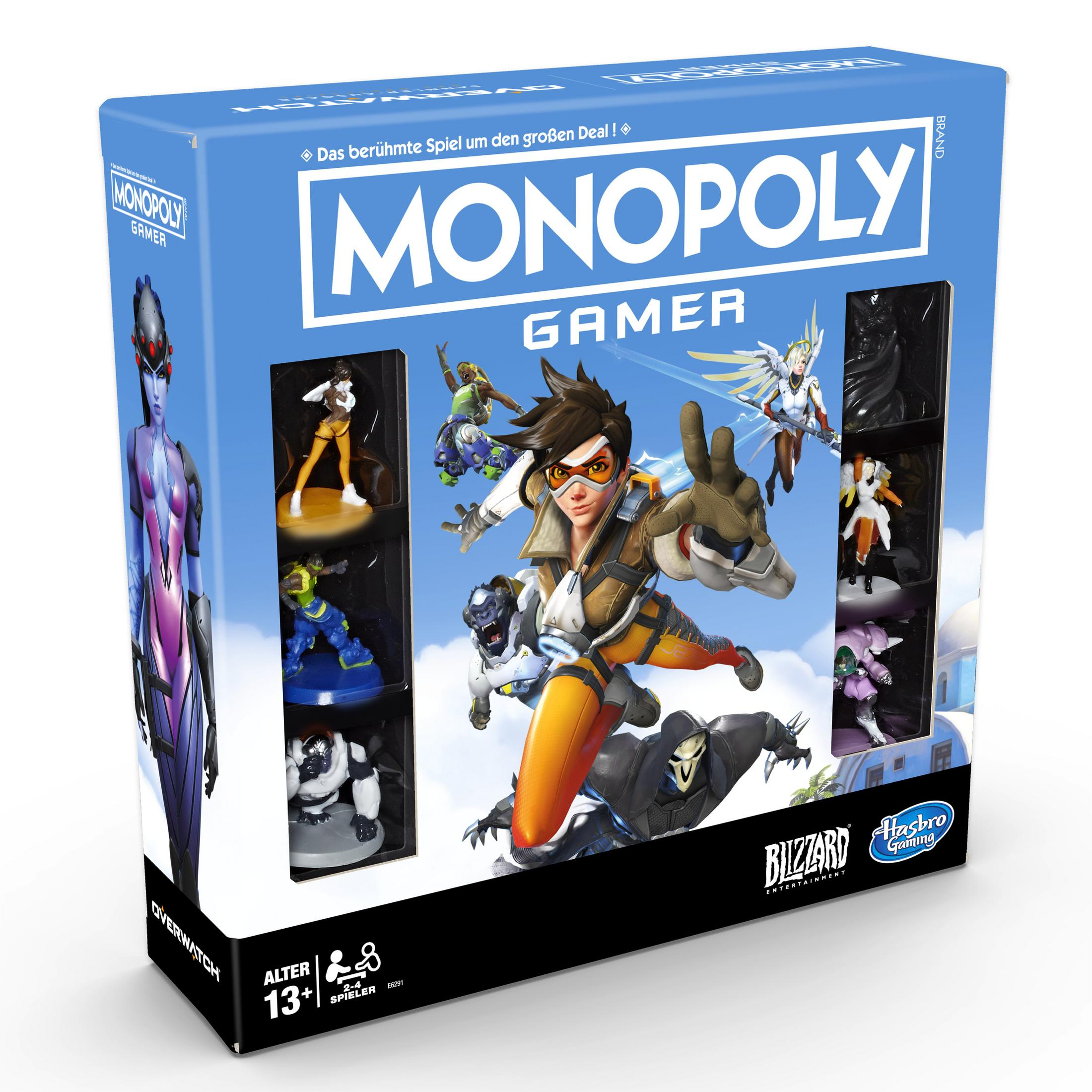 Monopoly Gamer Overwatch Brettspielbox mit Charakterfiguren und Logos.