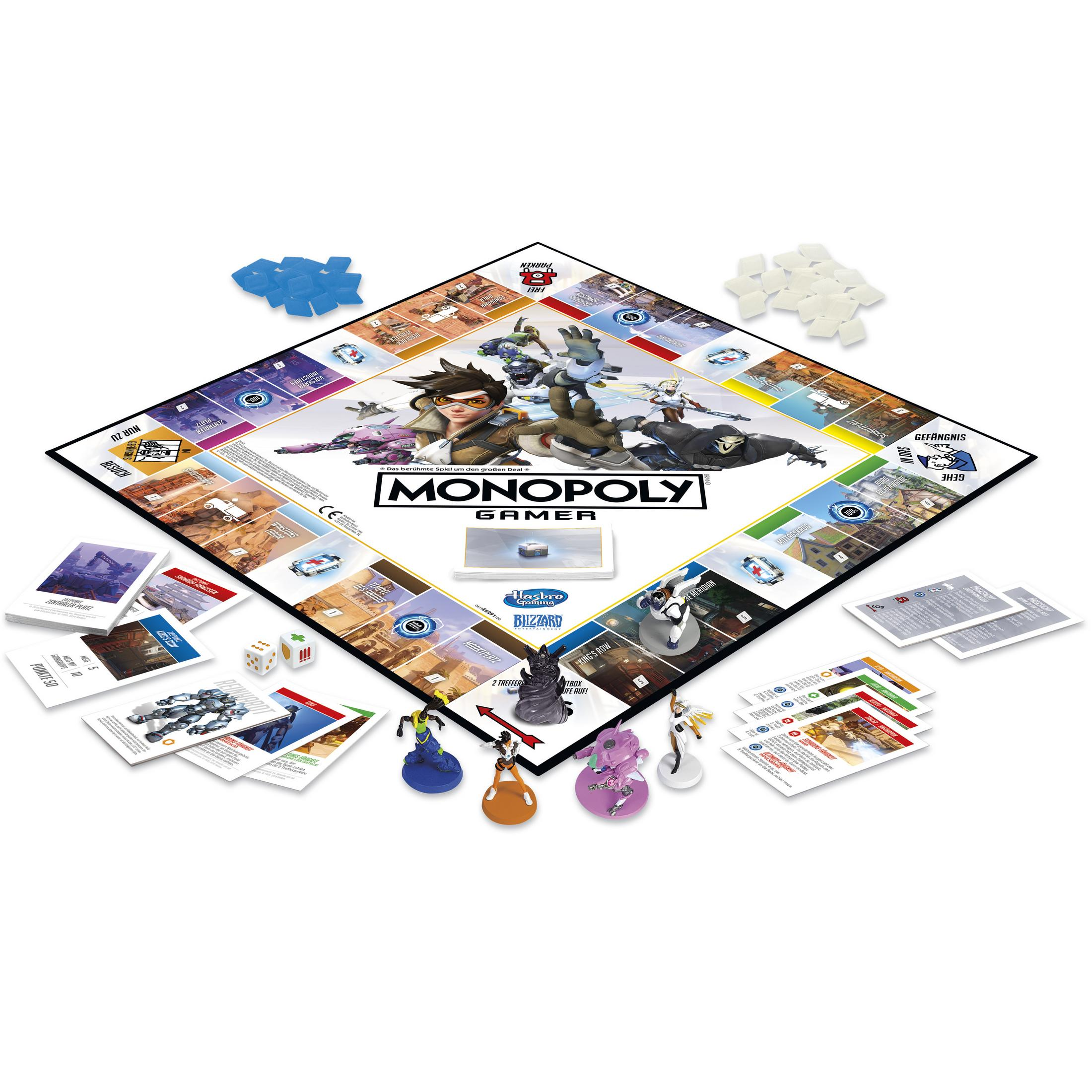 Monopoly Gamer Brettspiel mit Overwatch-Figuren, Karten, Würfeln und blauen/weißen Kristallen.