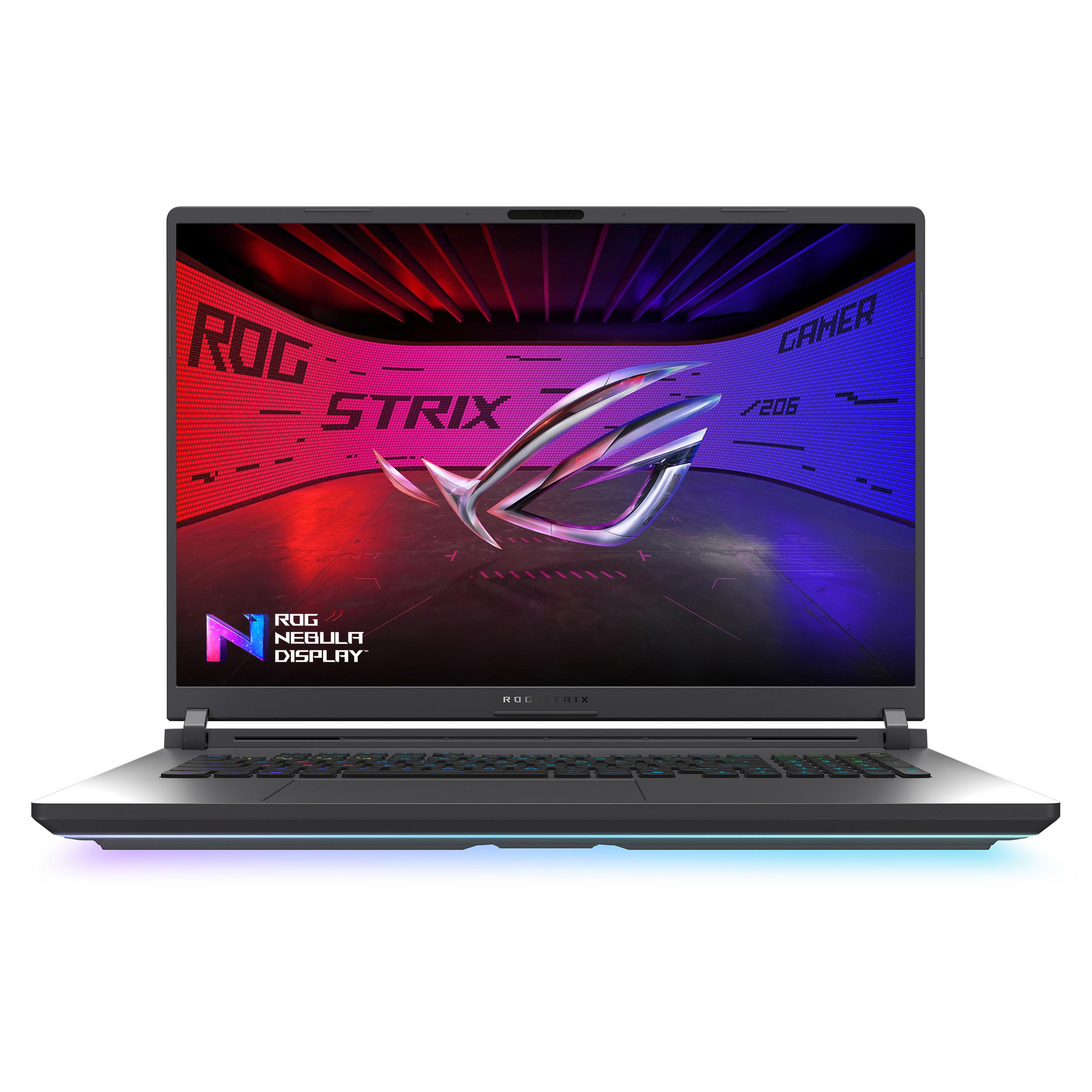 Laptop gamingowy ROG Strix z logo ROG i podświetlaną klawiaturą.
