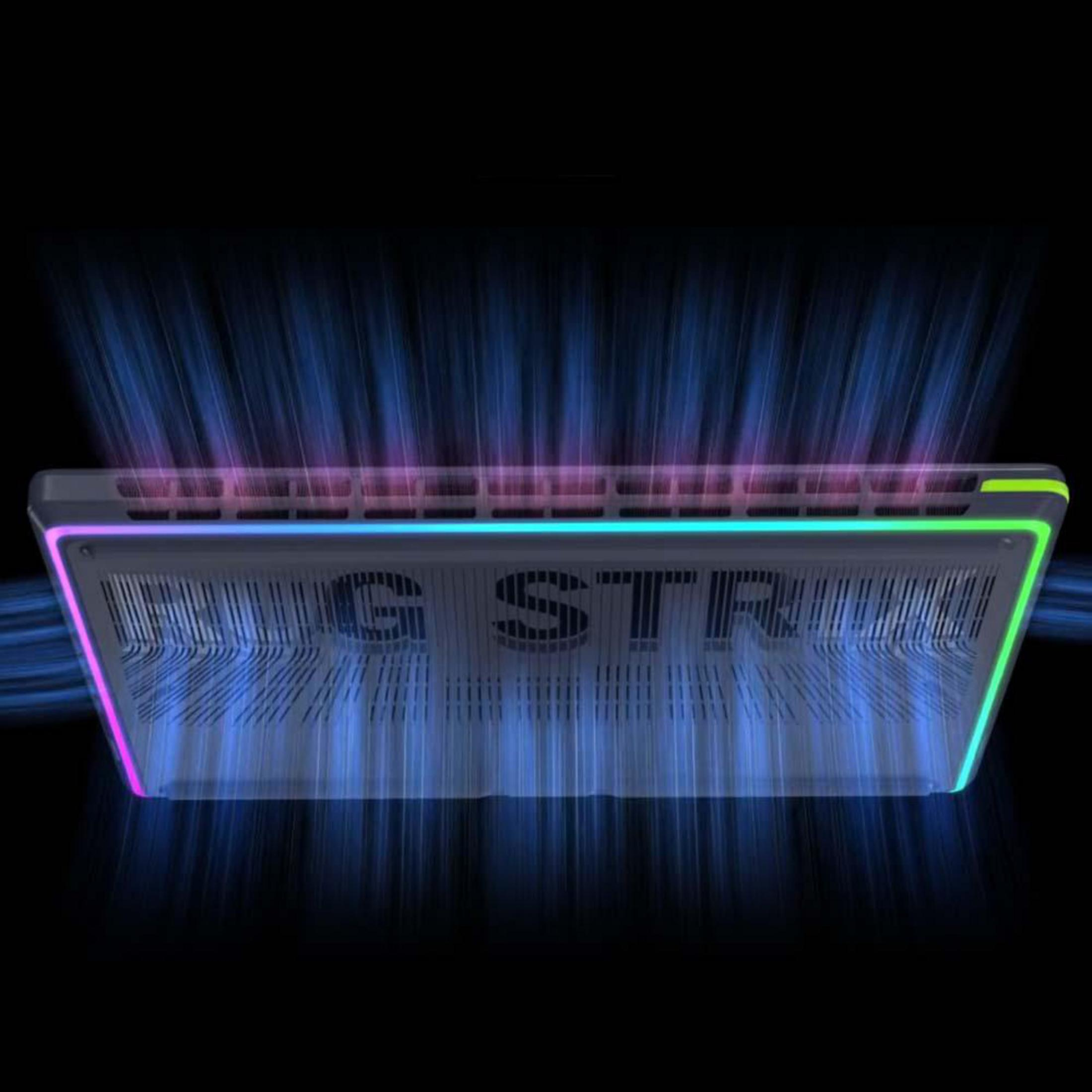 Laptop gamingowy z oświetleniem RGB i strumieniami niebieskiego światła.