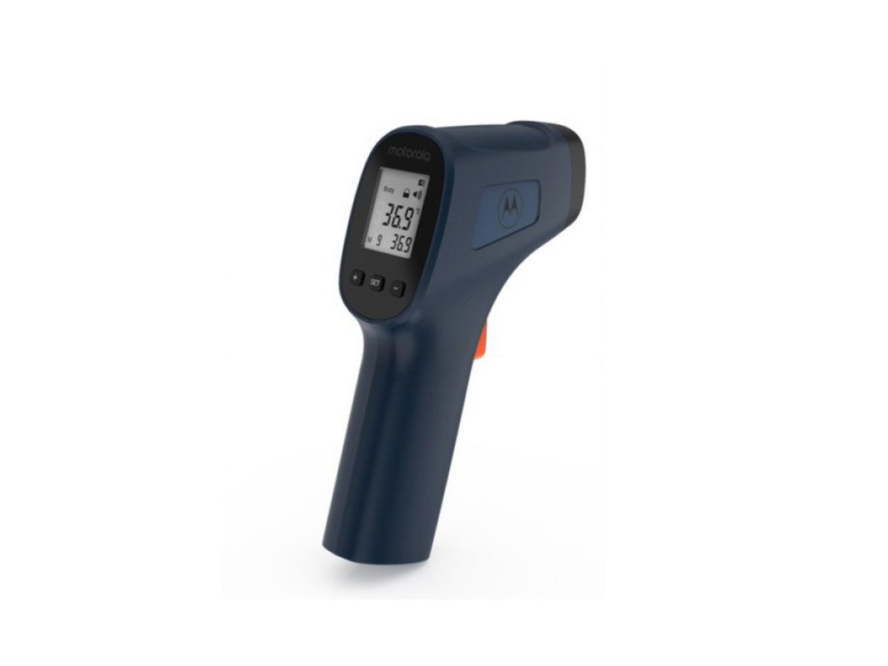 Un termometro Motorola blu scuro mostra 36,9 gradi Celsius sul suo schermo digitale.