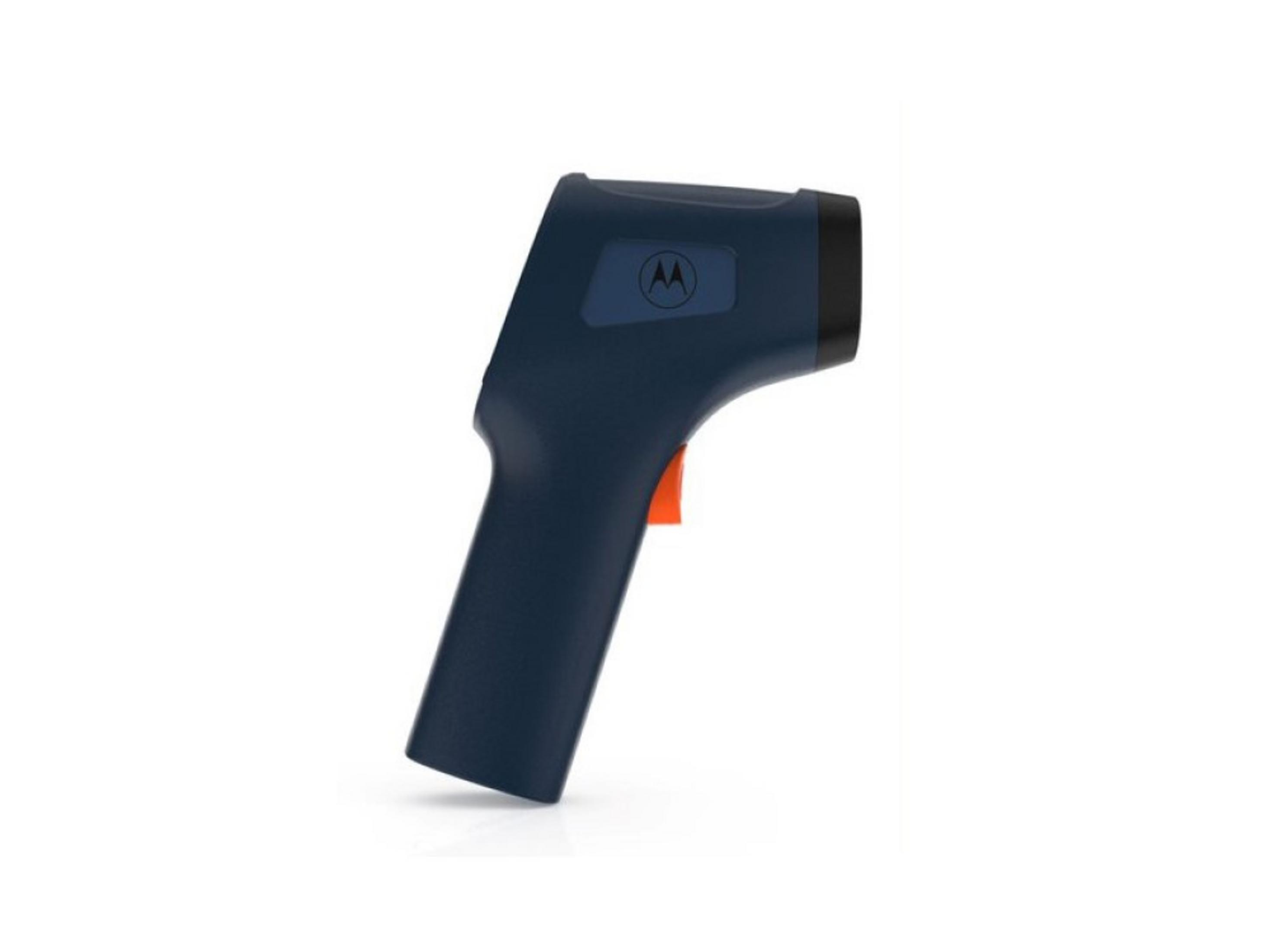 Termometro digitale blu scuro con logo Motorola e grilletto arancione.