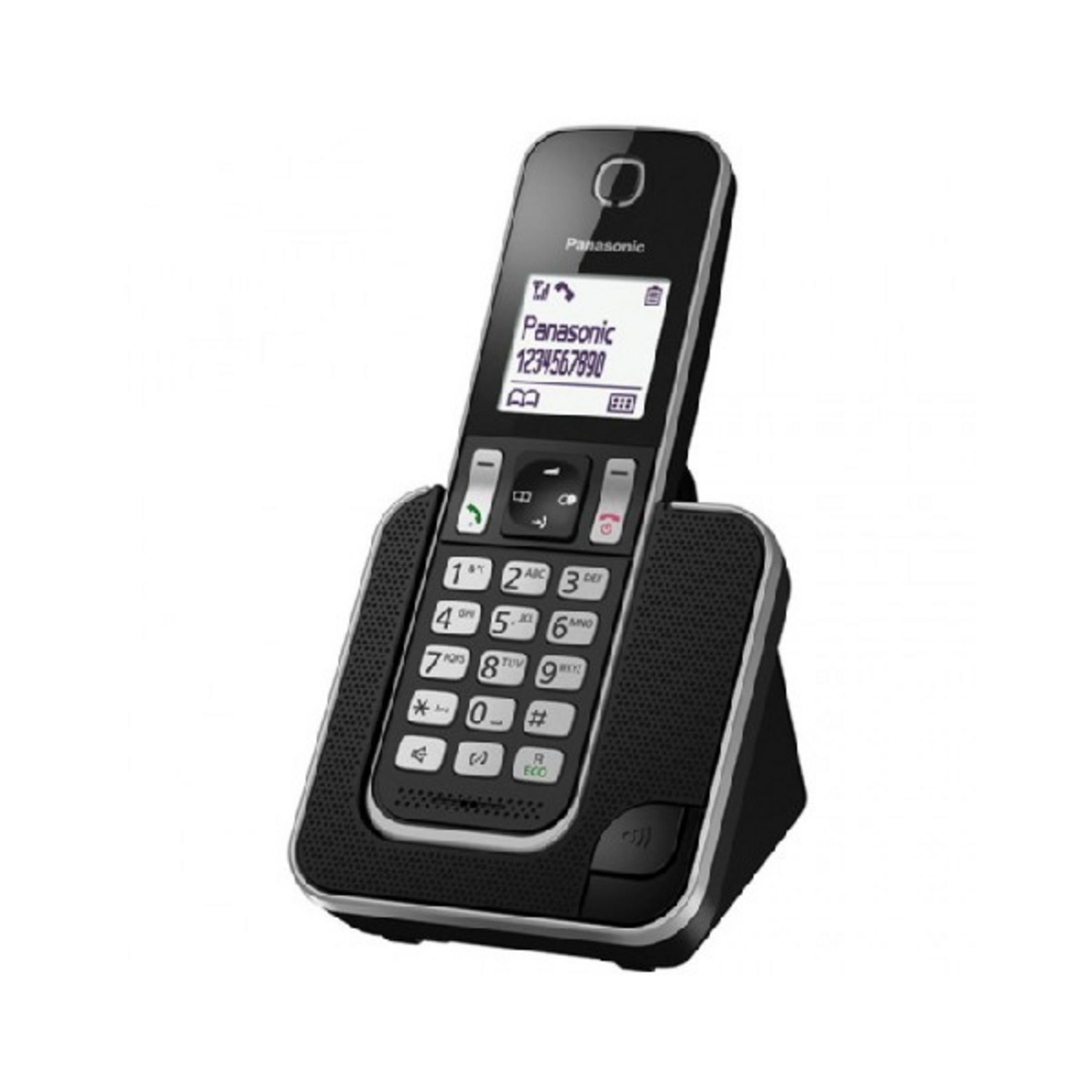 Un telefono cordless Panasonic nero con base e tastierino numerico.
