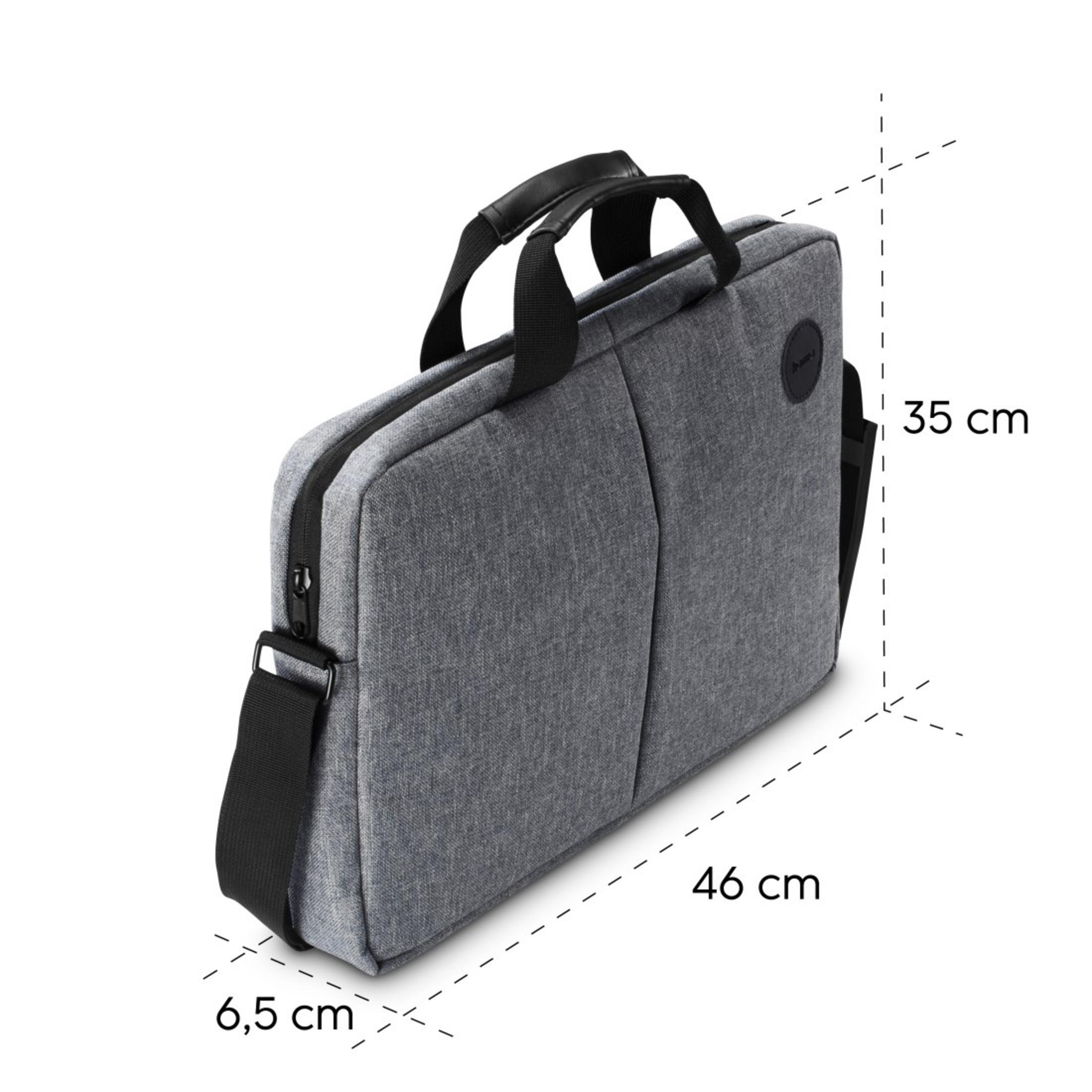 Szara torba na laptopa z uchwytami i paskiem na ramię. Wymiary podane.