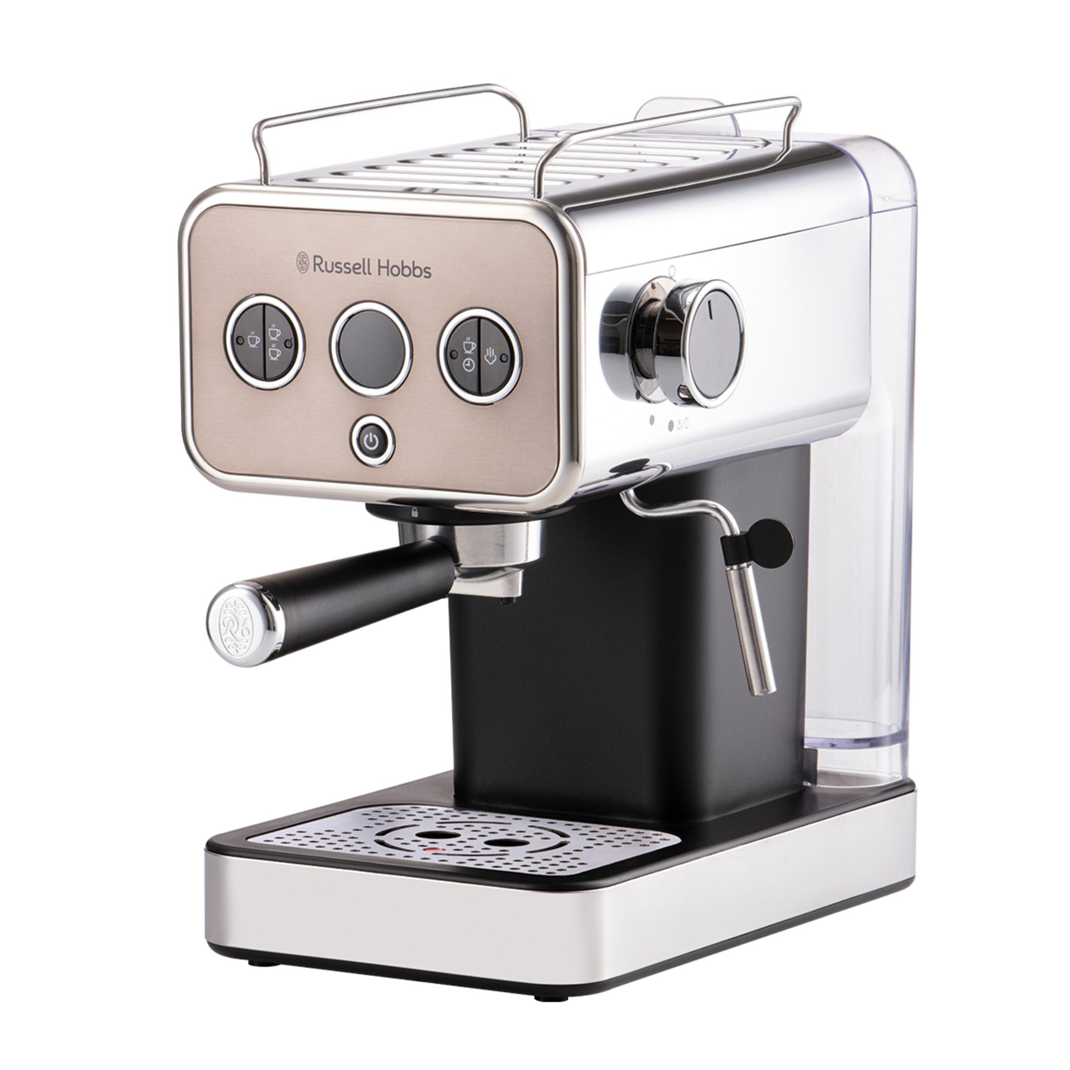 Eine silberne und schwarze Espressomaschine mit Bedienknöpfen und einem Wassertank.