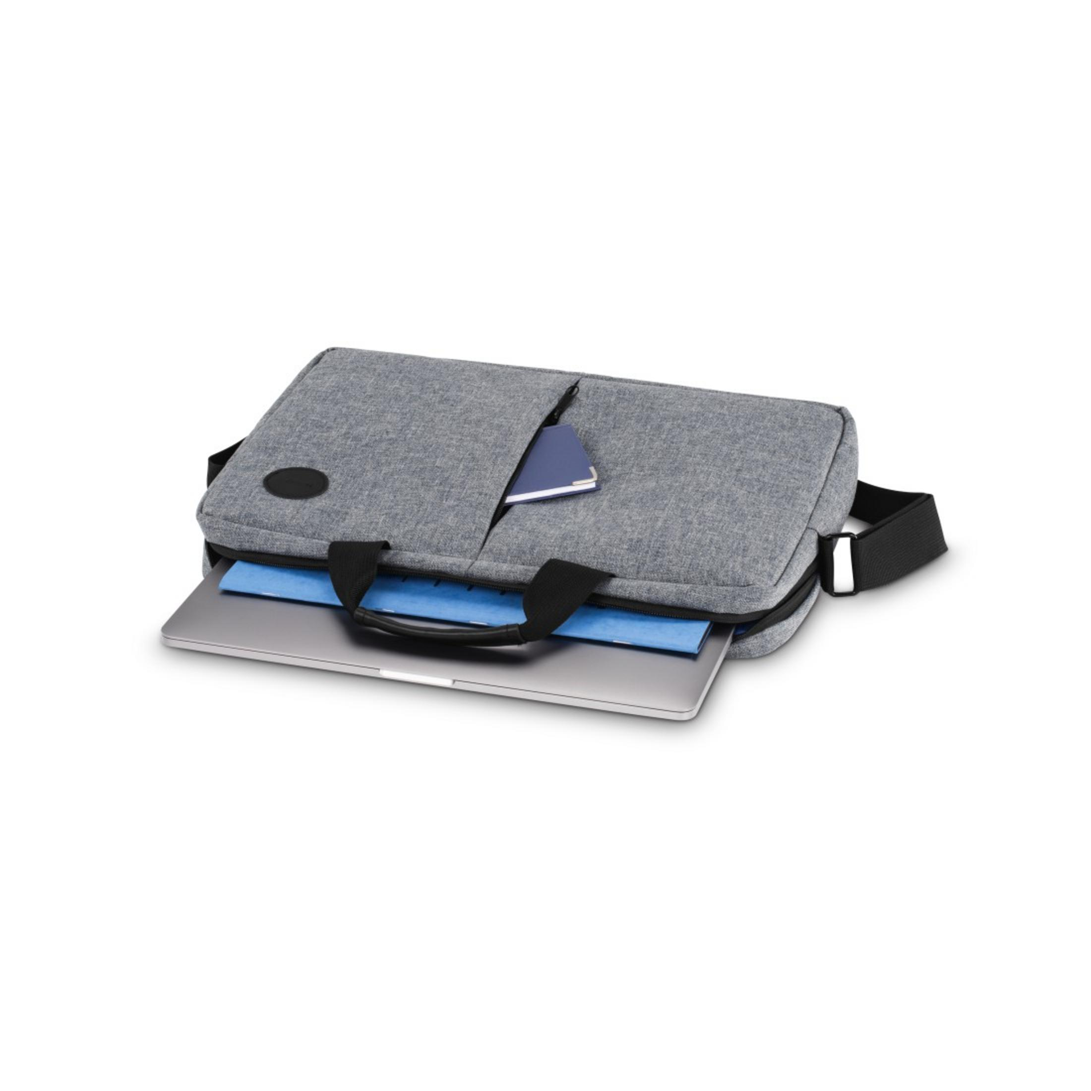 Szara torba na laptopa z laptopem i niebieskimi folderami. Wytłoczone logo.