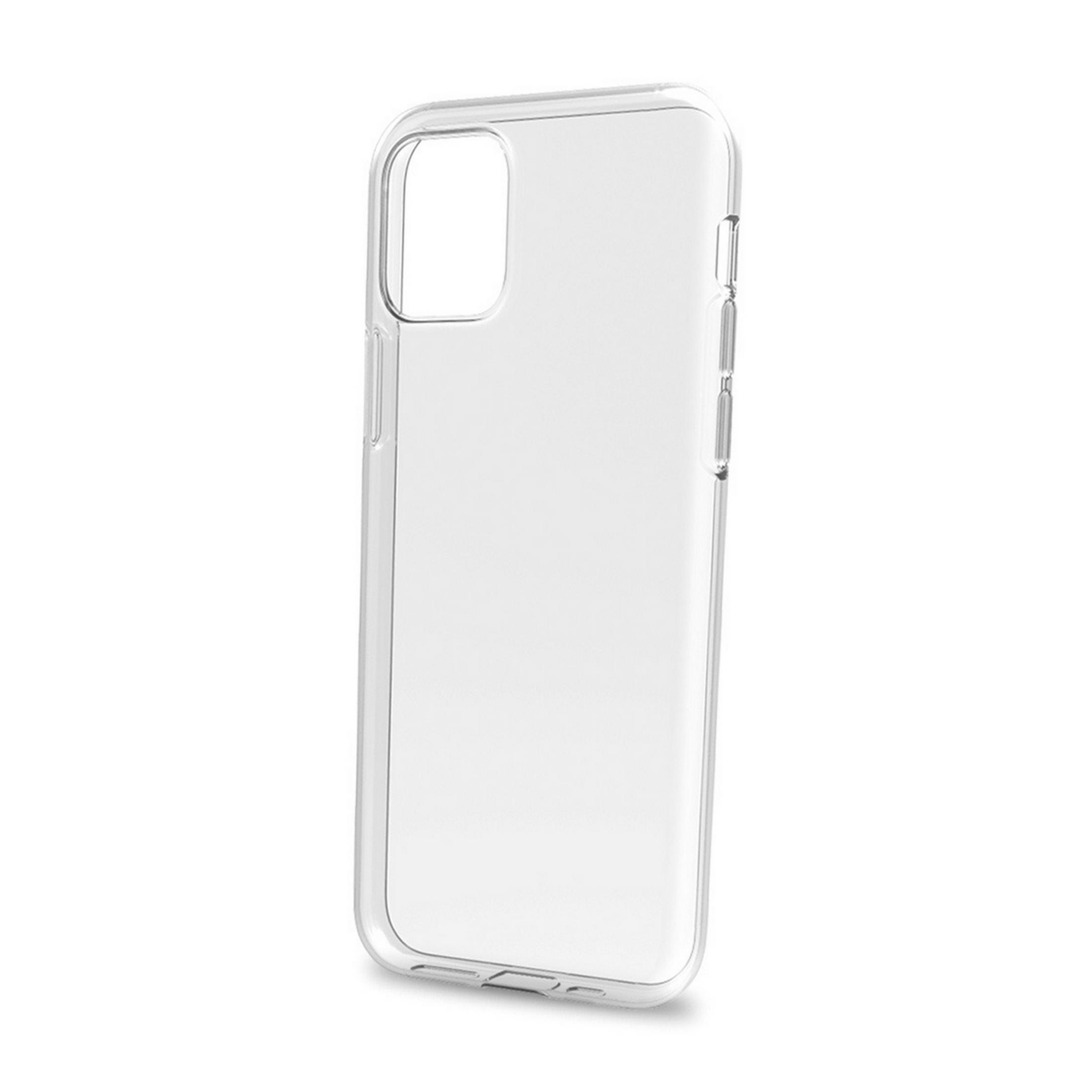 Una cover trasparente per telefono con ritagli per fotocamera e pulsanti.