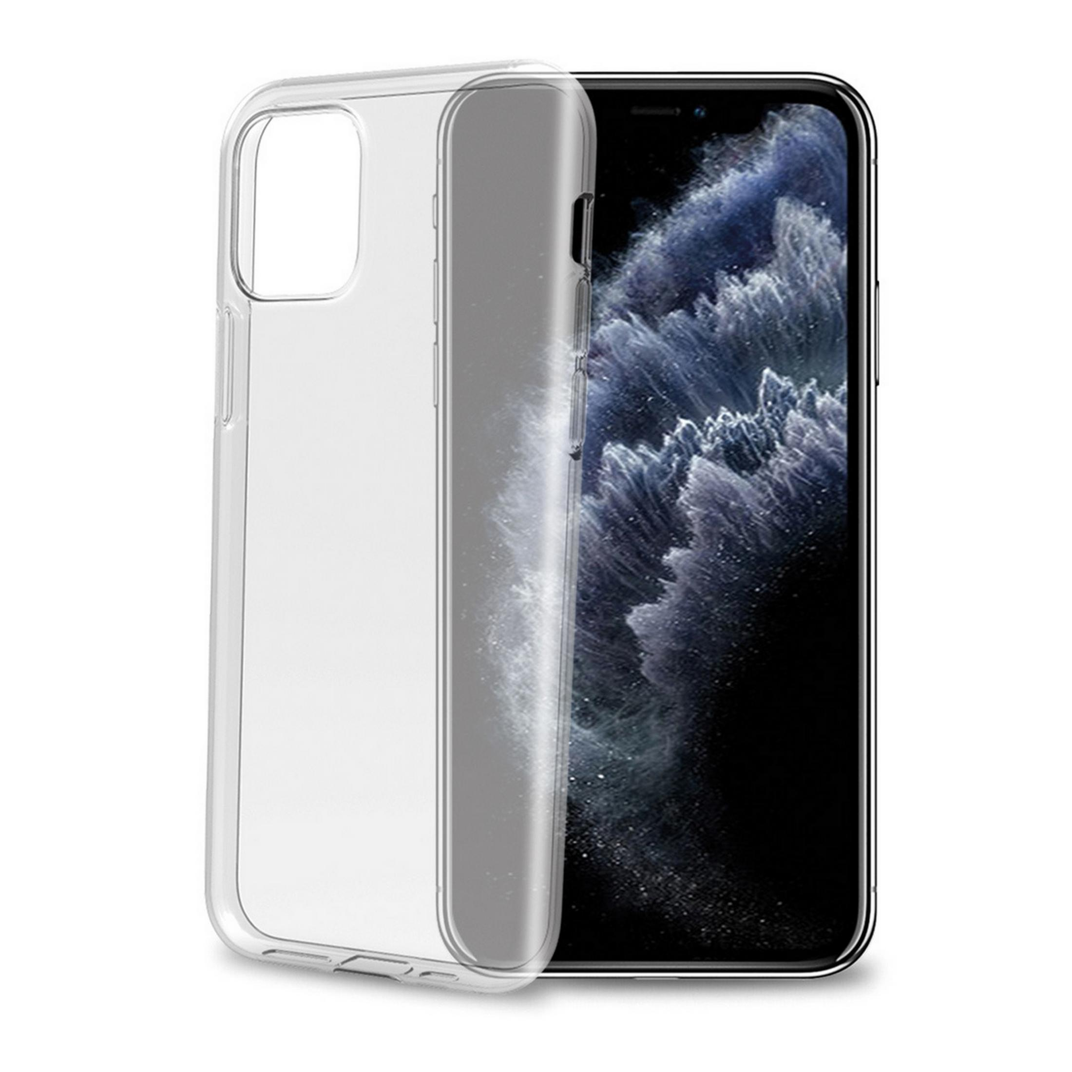Una cover trasparente per telefono giace accanto a uno smartphone con sfondo scuro.