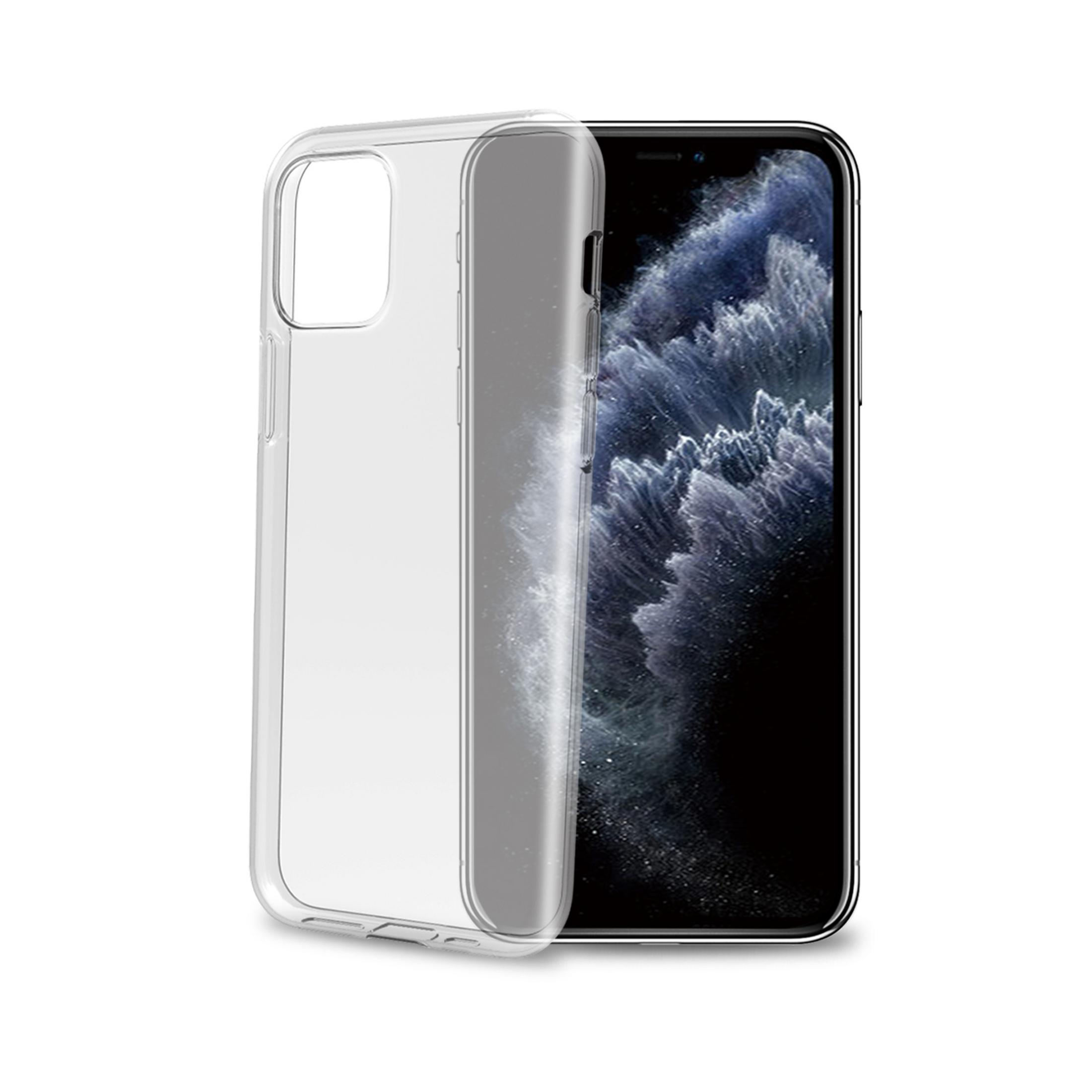 Una custodia trasparente per telefono accanto a uno smartphone scuro con sfondo tempestoso.