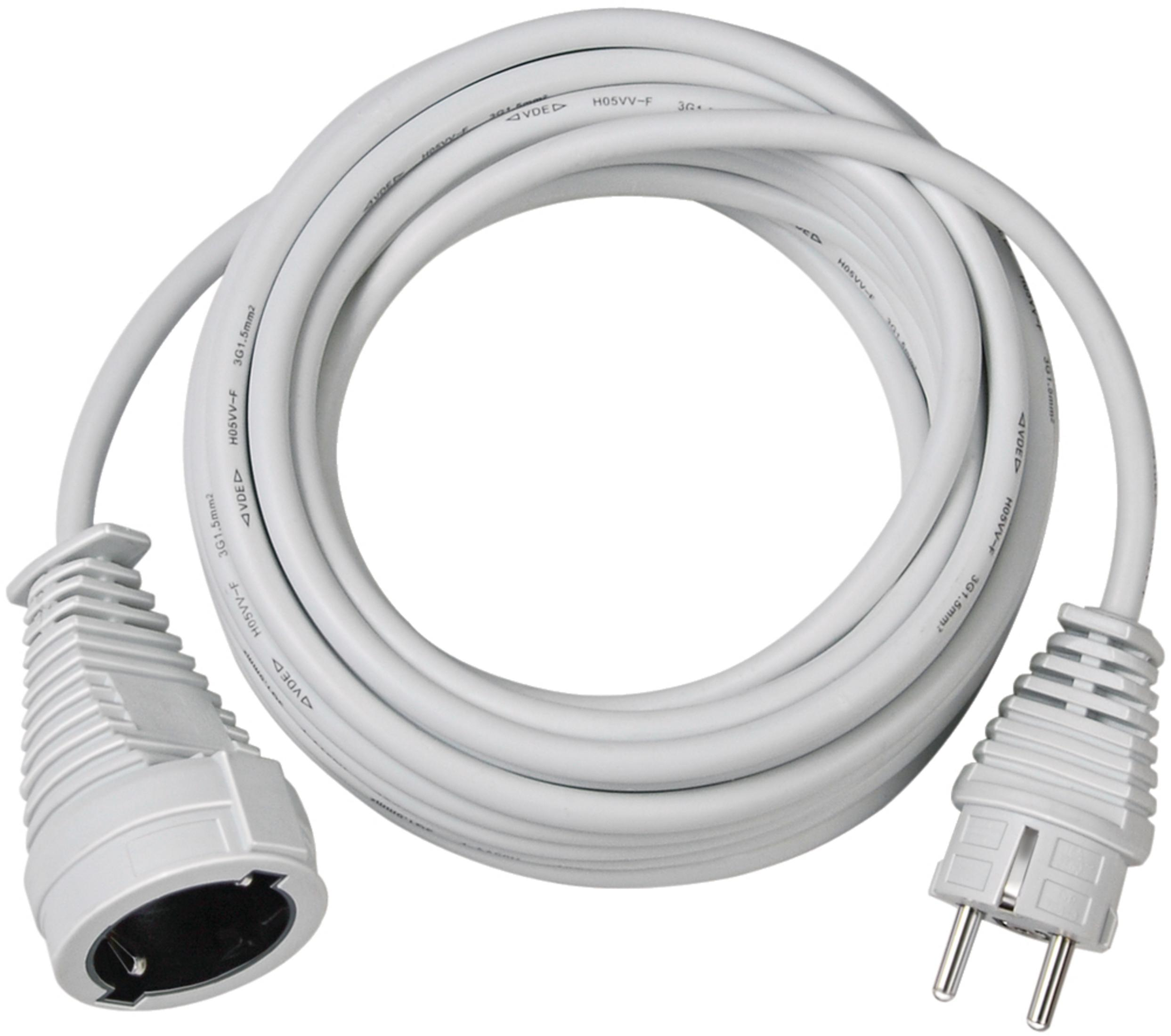 Ein weißes Verlängerungskabel mit einem Stecker und einer Buchse, aufgewickelt.