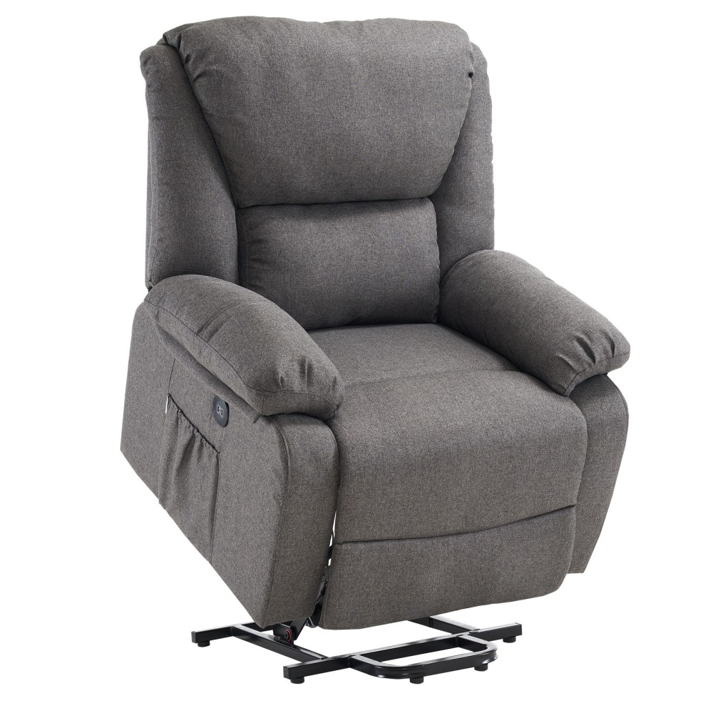 Un sillón reclinable gris con reposapiés y respaldo ajustable, con bolsillo lateral.