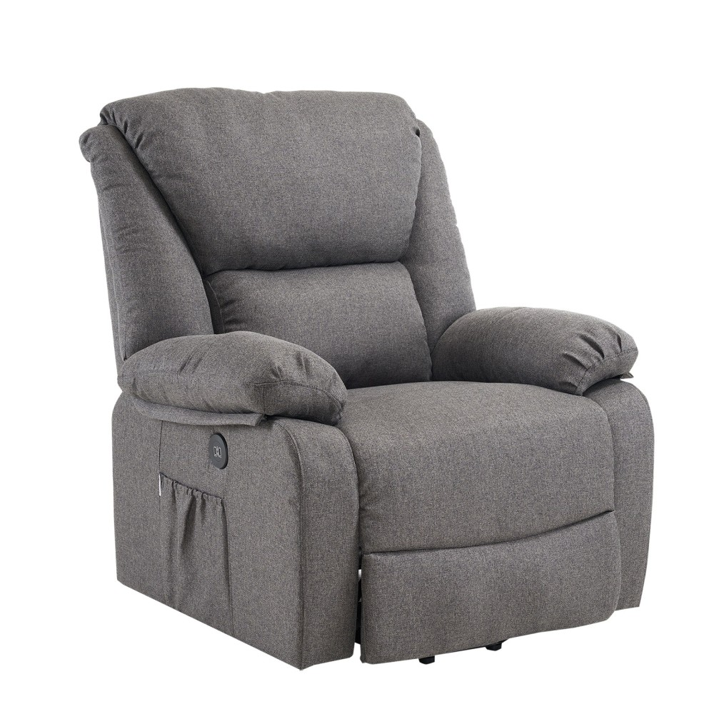 Un sillón reclinable gris con brazos acolchados y un bolsillo lateral.