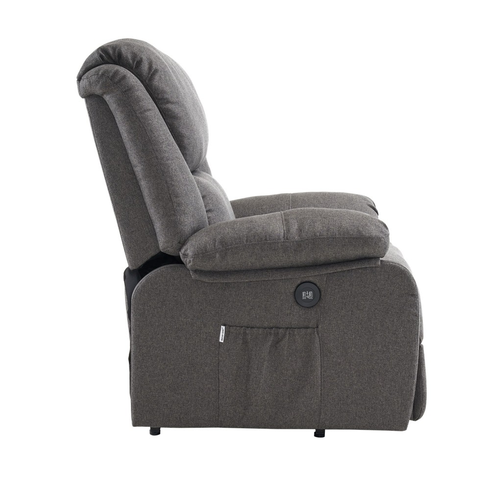 Sillón reclinable gris de perfil, con reposabrazos y respaldo acolchados.