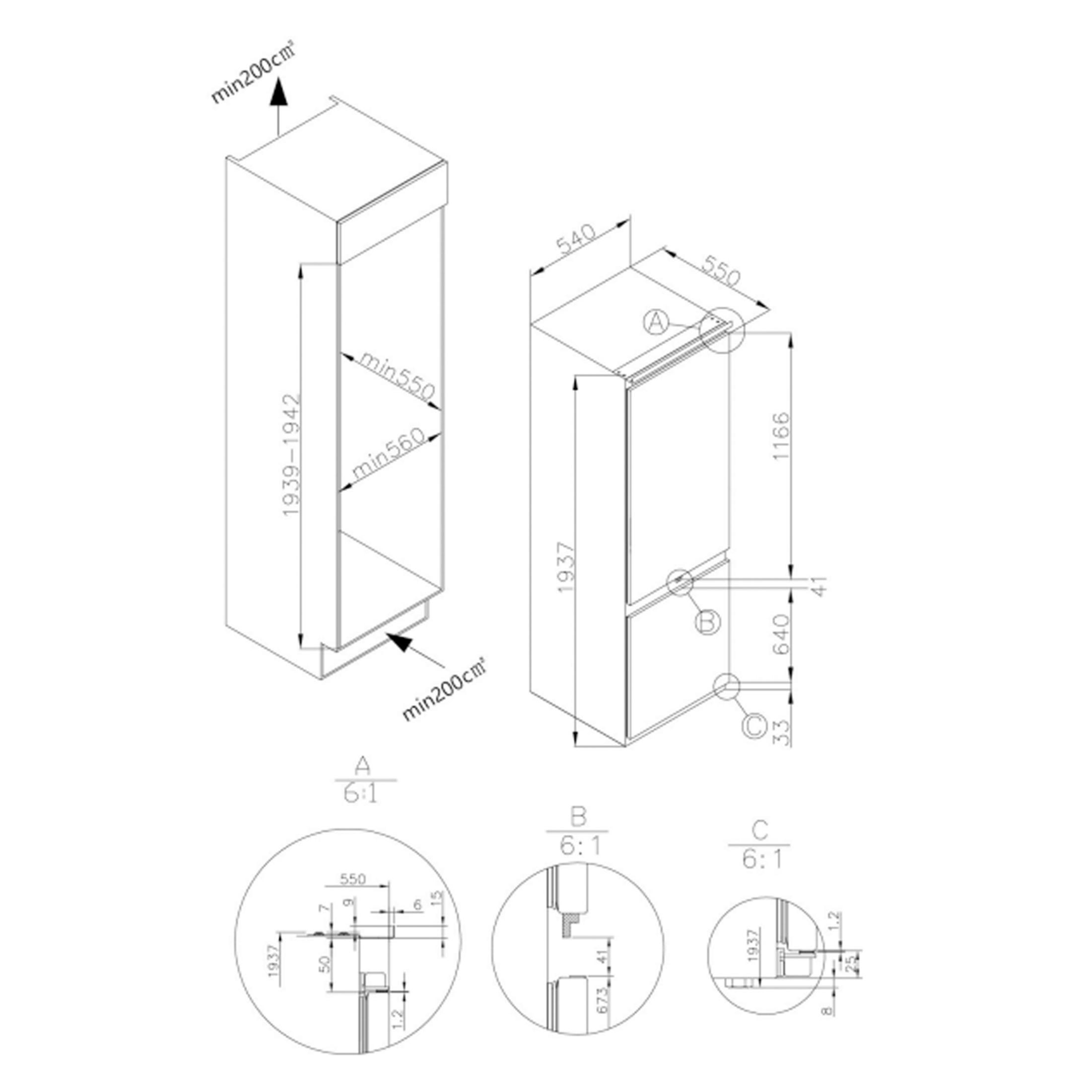 Dibujo técnico de un refrigerador con dimensiones y detalles.