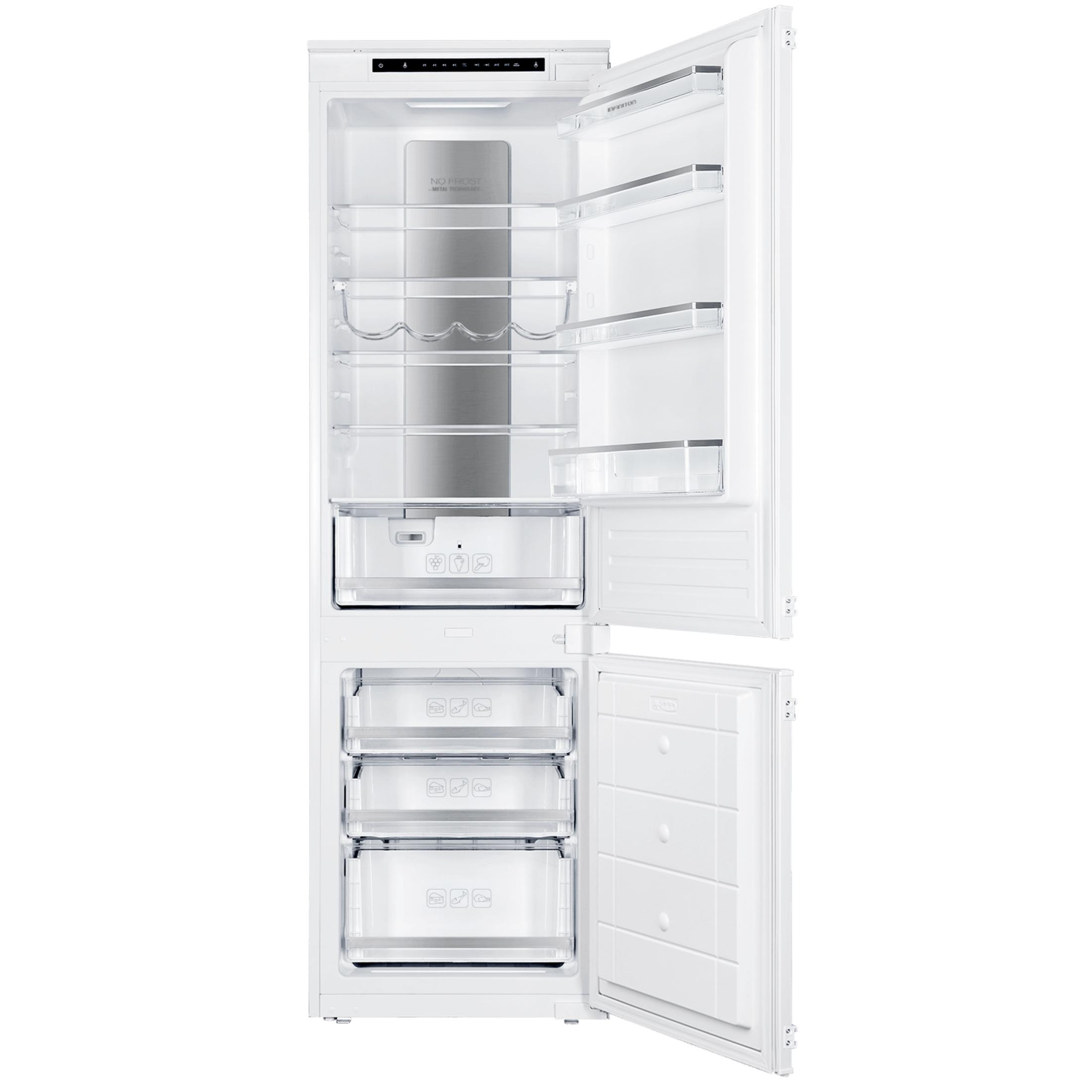Refrigerador blanco abierto con estantes, cajones y panel de control.